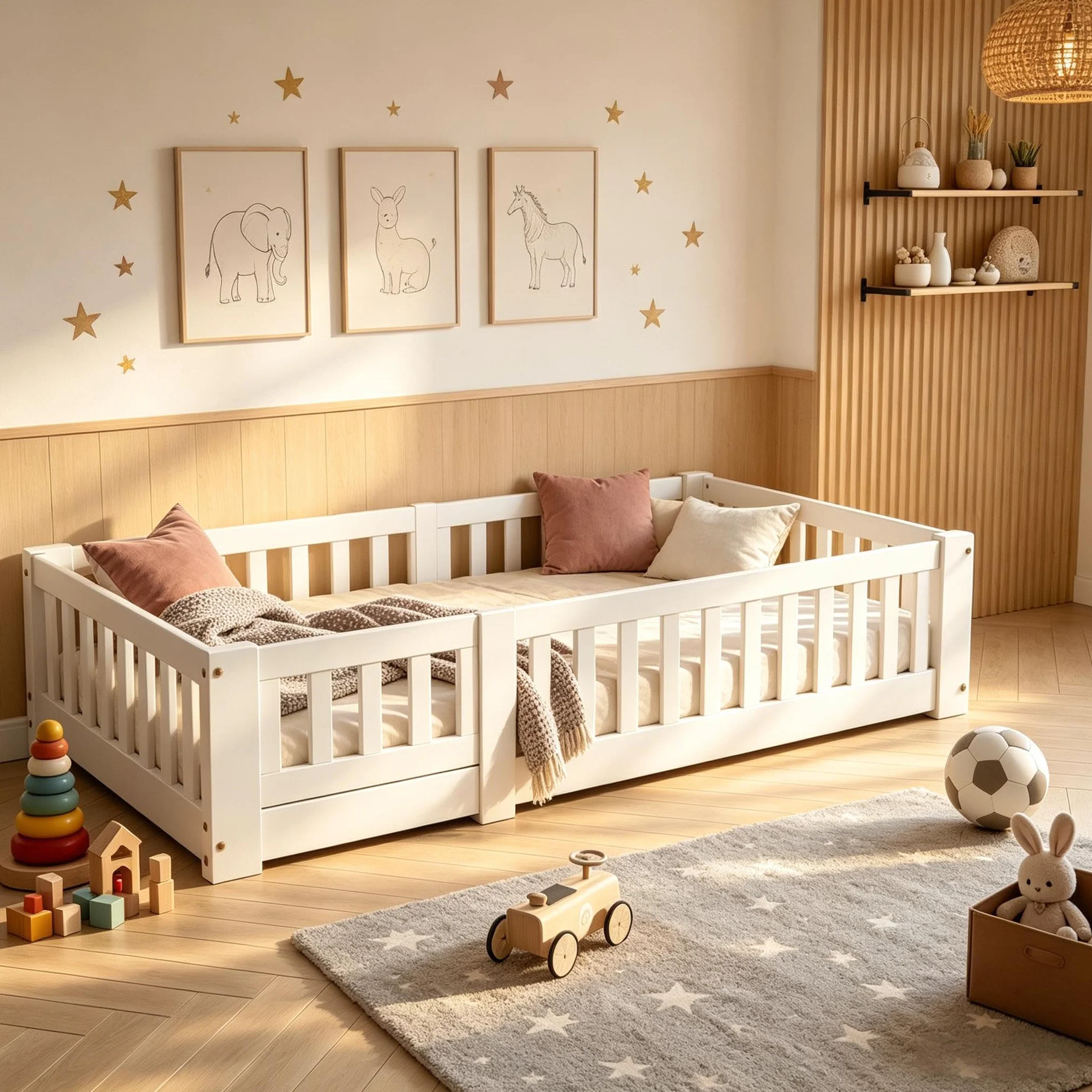 PerGar Cama Infantil 80x160 cm con Valla y Puerta, Somier, Madera Maciza Blanca