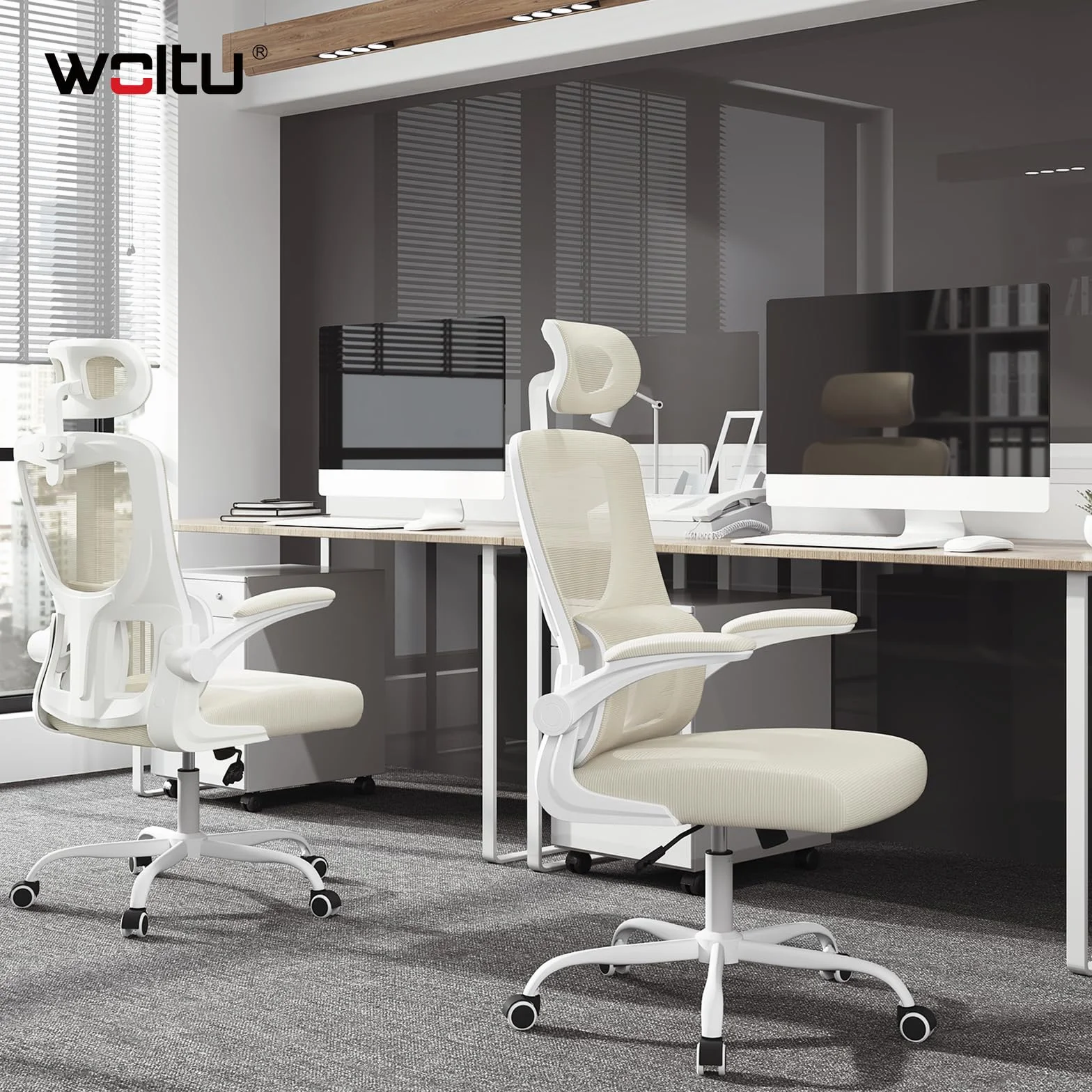 WOLTU Silla Oficina Ergonómica, Sillas Escritorio con Reposabrazos, Reposcabezas y Soporte Lumbar, Respaldo Inclinable de Tela Malla, Beige