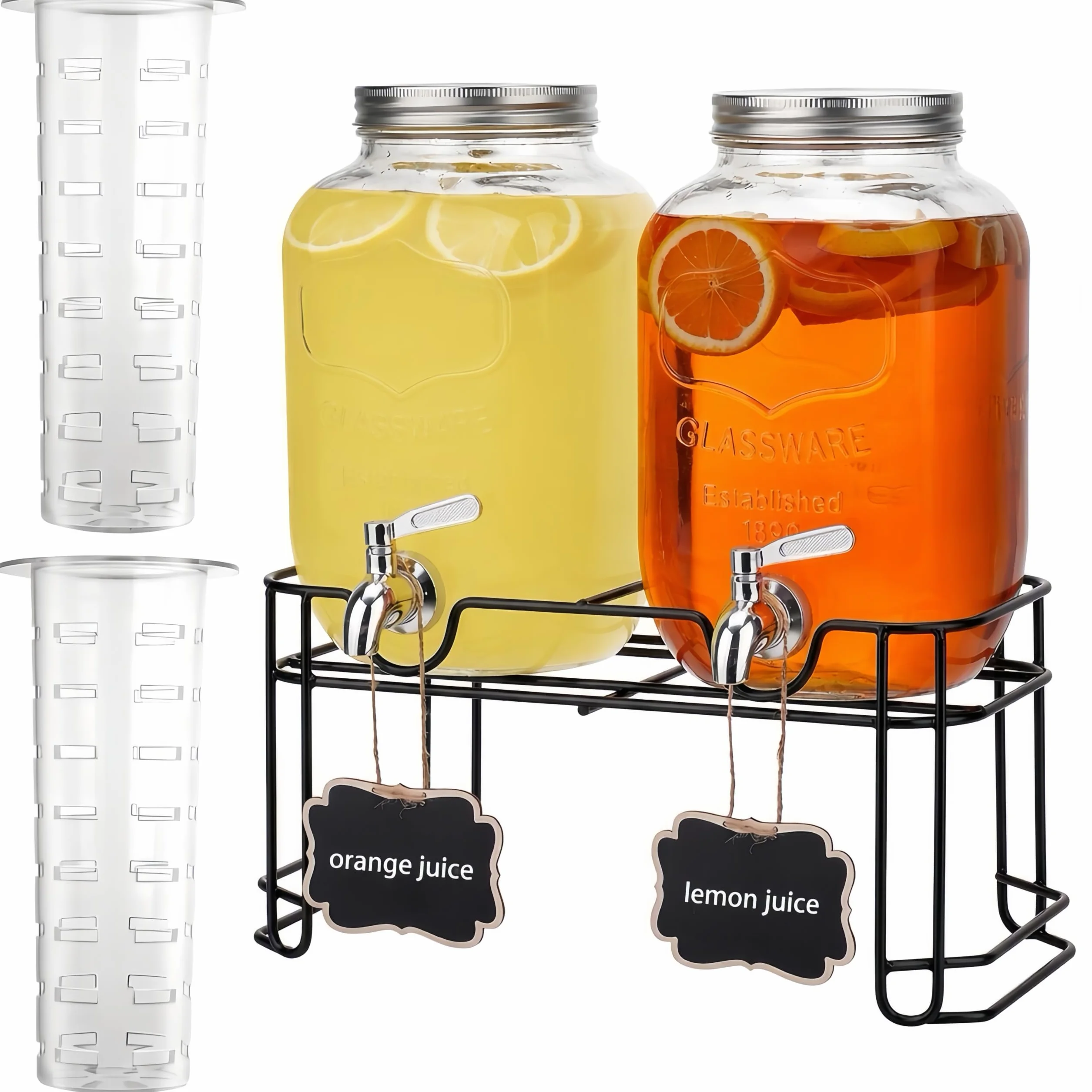 2 dispensadores de bebidas de cristal de 4 l con soporte, dispensador de bebidas de cristal con grifo para zumos helados, agua, bebidas caseras, fiestas, bodas