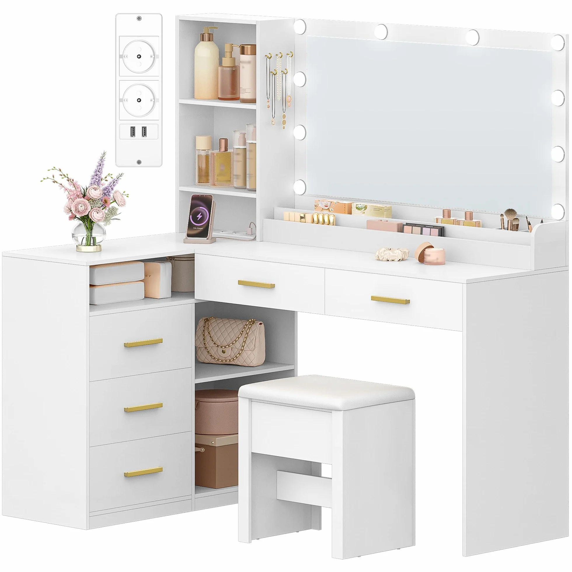 HEXCELEN Tocador de Maquillaje con Espejo LED, Brillo Ajustable, Mesa de Maquillaje con Toma de Corriente, Tocador con Taburete, 5 Cajones, Estantes de Almacenamiento, 40 × 120 × 139 cm, Blanco