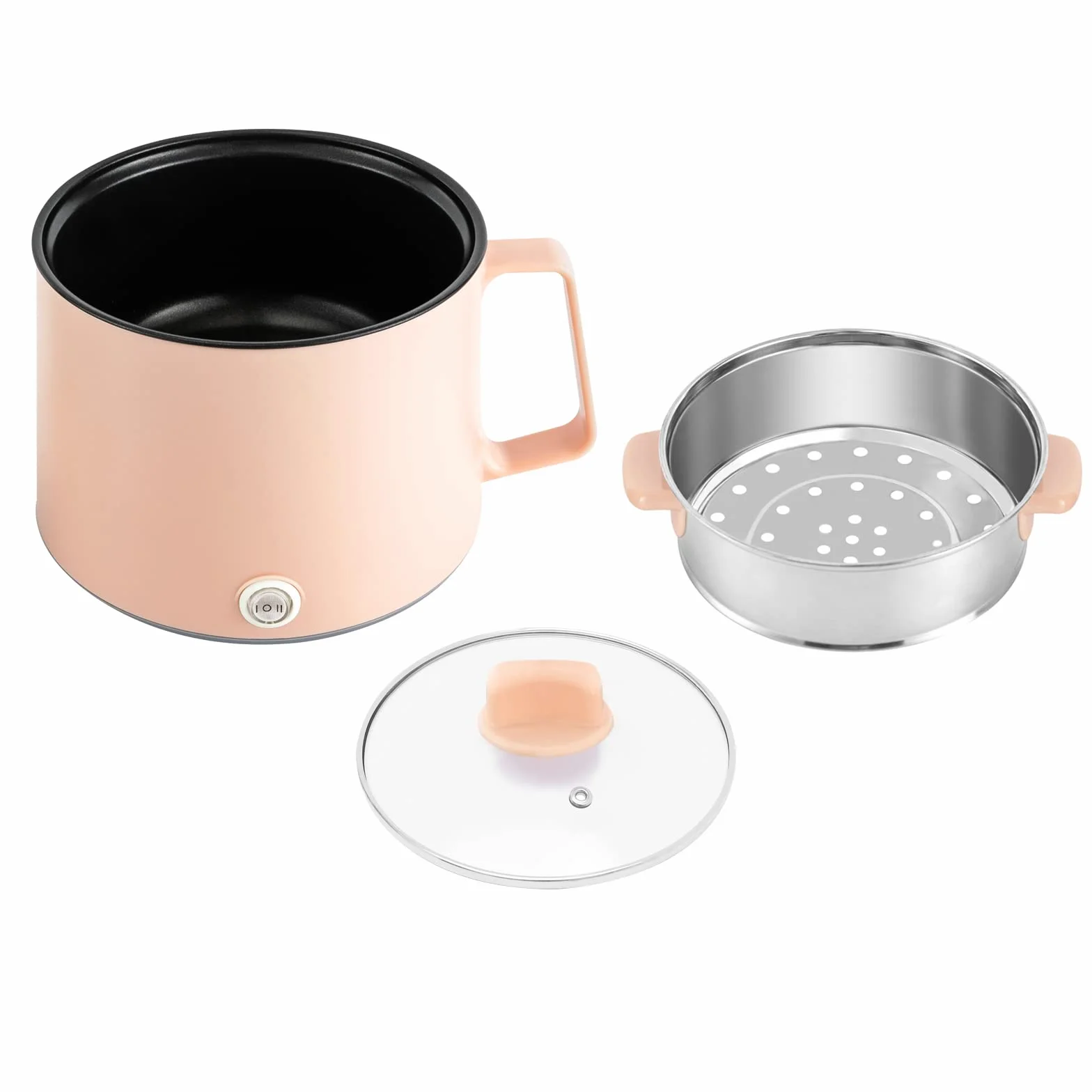 Olla eléctrica antiadherente 17x17x25 cm 1,7L tapa de cristal vaporera multiuso para avena pasta rosa