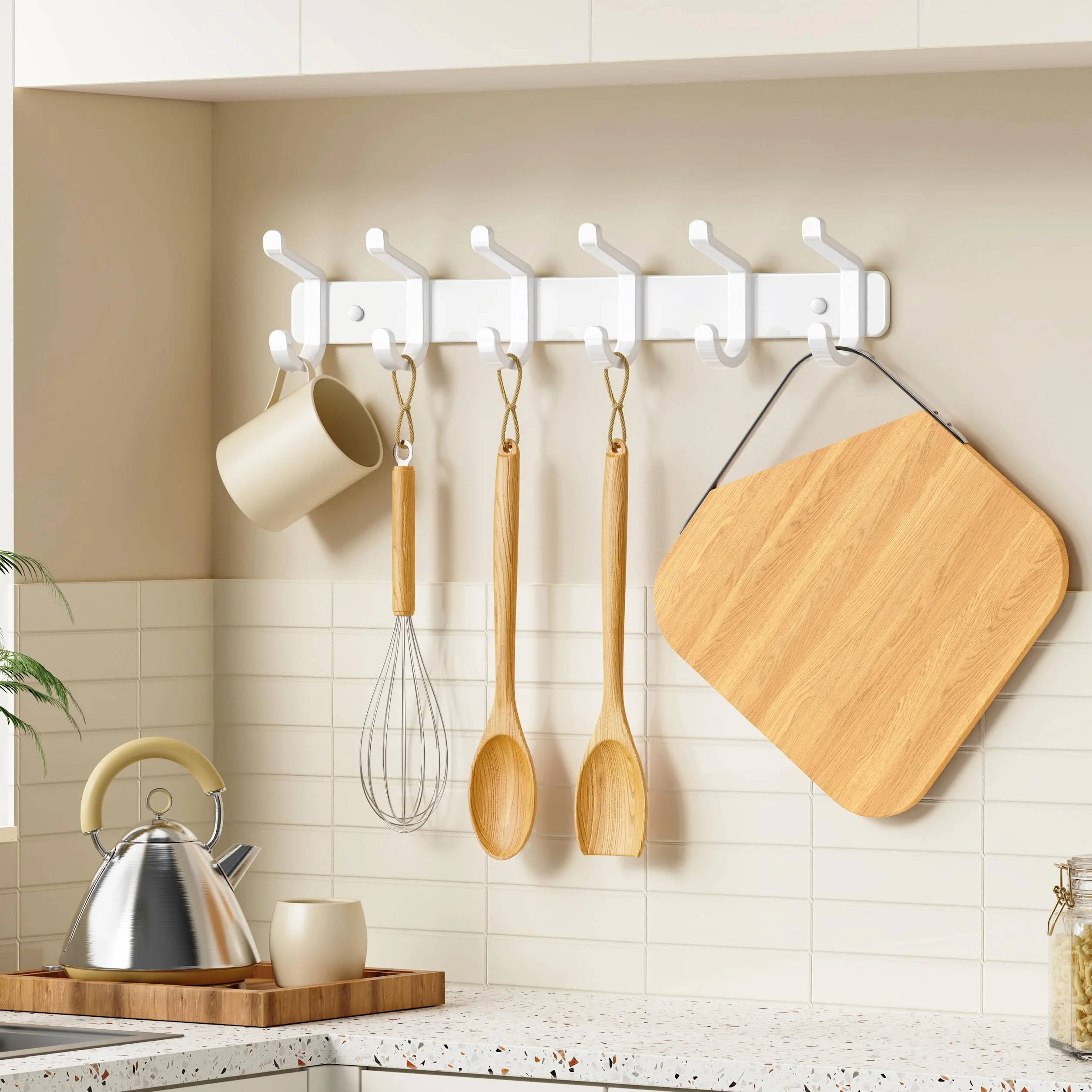 Juego de 2 percheros de pared con 6 ganchos, percheros de metal, perchero de pared para chaquetas, bolsos, sombreros, bufandas, barra para colgar ropa en el dormitorio, armario, baño o cocina (blanco)