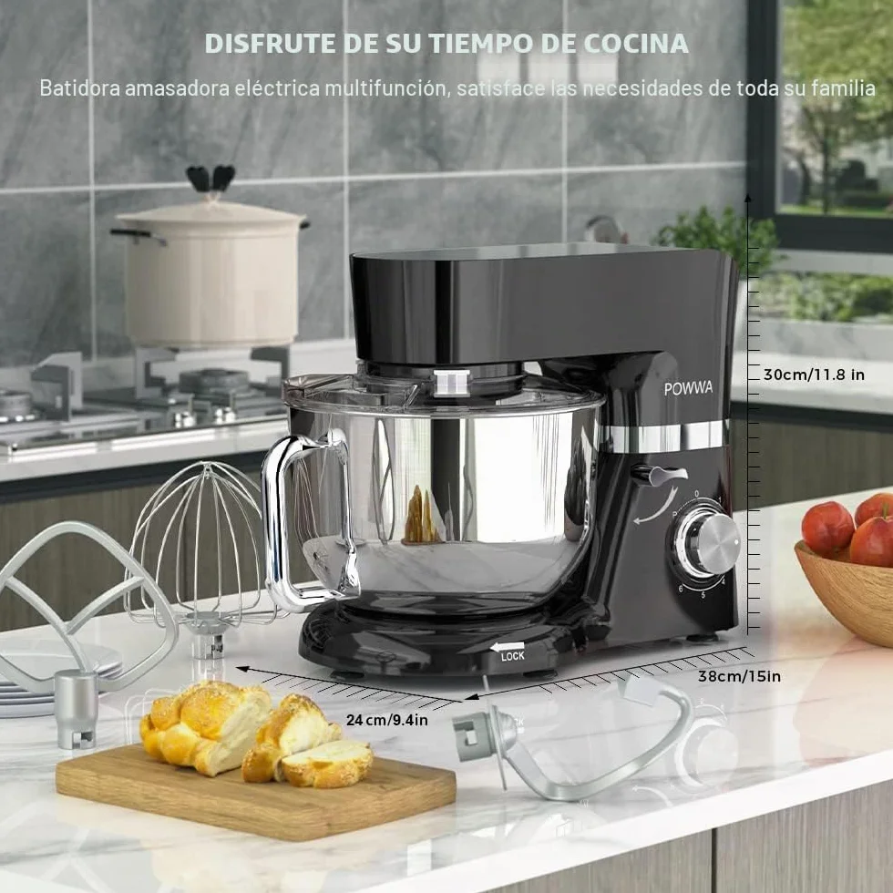 Batidora Amasadora, POWWA Amasadora de Pan Repostería 1500W, 6 Velocidades con Pulso, Potente y Bajo Ruido, Robot de Cocina Amasador Multifuncional, Bol de Acero Inoxidable 5.5 L Capacidad