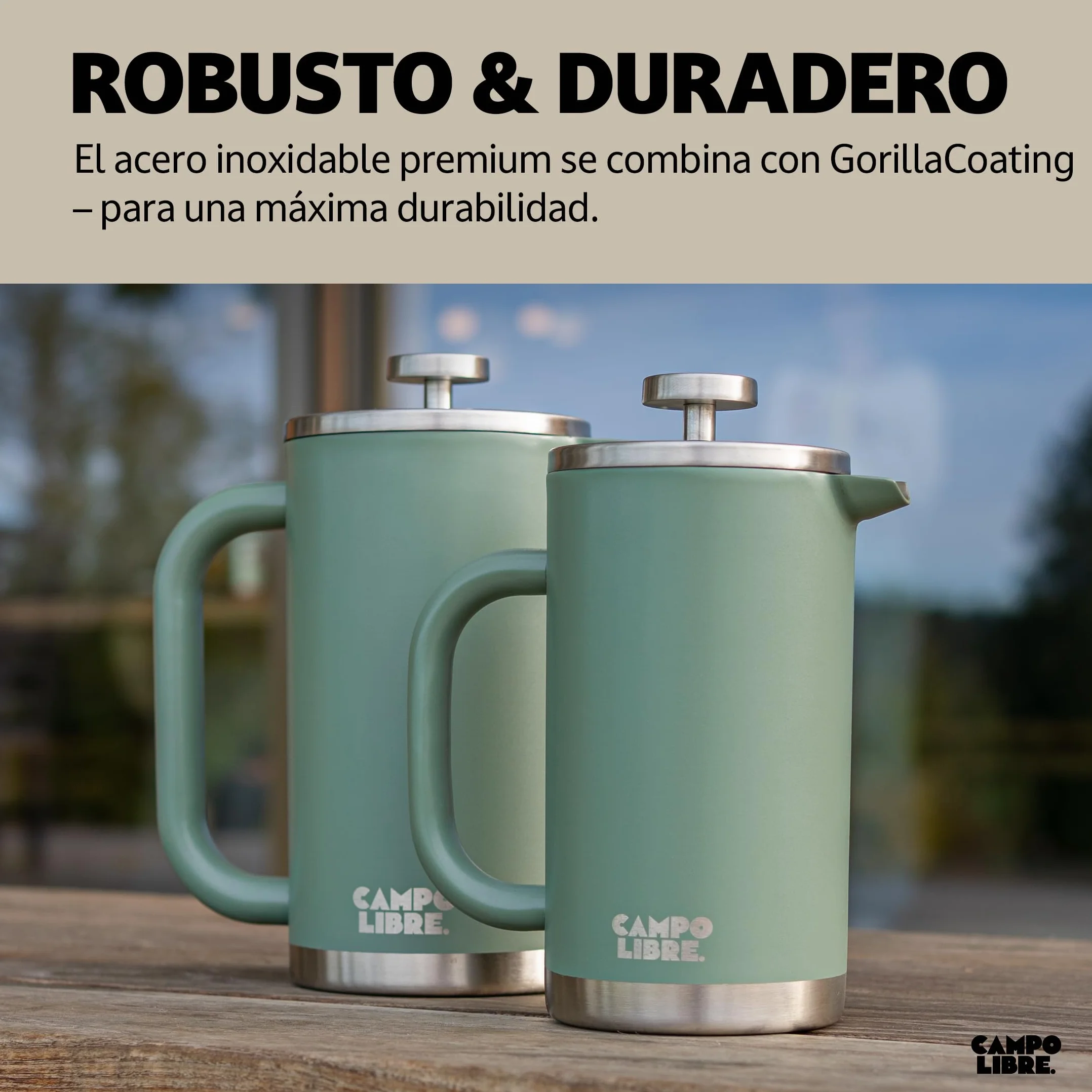 Campo Libre.® GIORGIO – Cafetera Francesa de Acero Inoxidable, Doble Pared Aislada, Sin Plástico – Prensa Francesa Térmica con Filtro Extra – Apta para Lavavajillas – Verde. 600ml