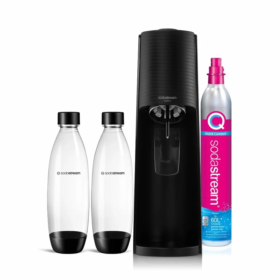 SodaStream Terra Gasador Value Pack x2 con 2 botellas de 1L aptas para lavavajillas y 1 cilindro CO2 Quick Connect, negro mate
