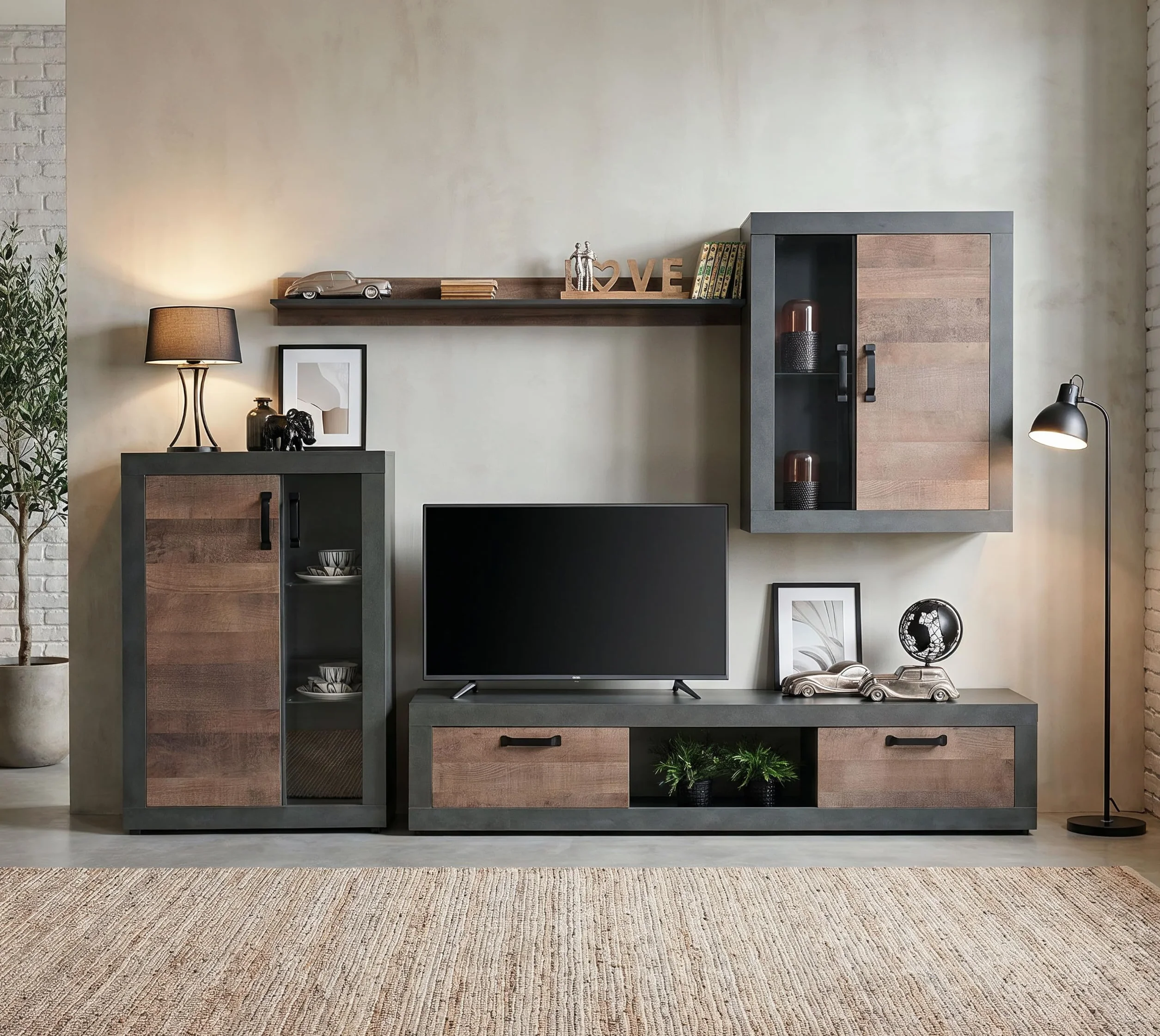 Homely - Mueble de Salón Modular Duke | Conjunto 4 Muebles 300 cm. | Muebles Salón Completo | Mueble para Televisión + Mueble Bajo + Mueble Alto + Estantería Alta | Color Nogal y Grafito