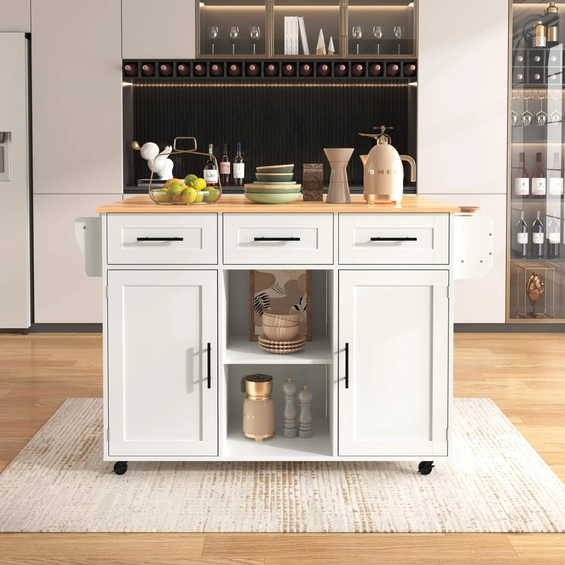 LAKFEW Isla Cocina con 5 Ruedas y Mesa Plegable, Aparador Cocina con 2 Puertas y 3 Cajones, Mueble Auxiliar de Cocina Isla de Cocina con Estantes Ajustables y Toallero, 139x46(71) x91.5 cm, Blanco