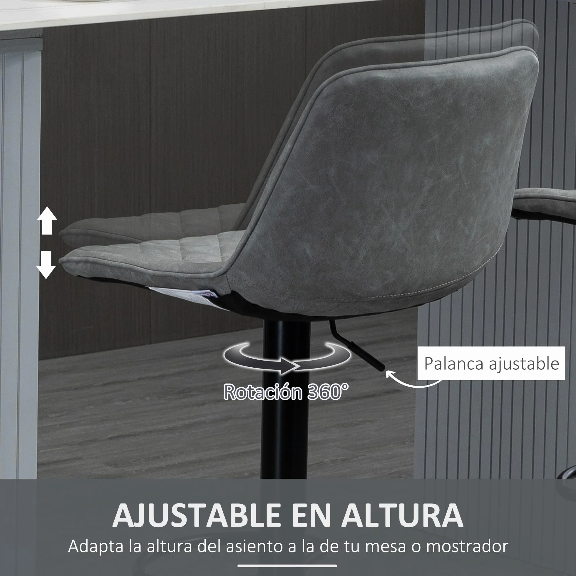 HOMCOM Juego de 2 Taburetes de Bar Giratorios, Taburetes Altos de Cocina con Altura Ajustable 86-106 cm, Sillas Altas de Cocina, Tapizada en Cuero Sintético, Respaldo y Reposapiés, Gris