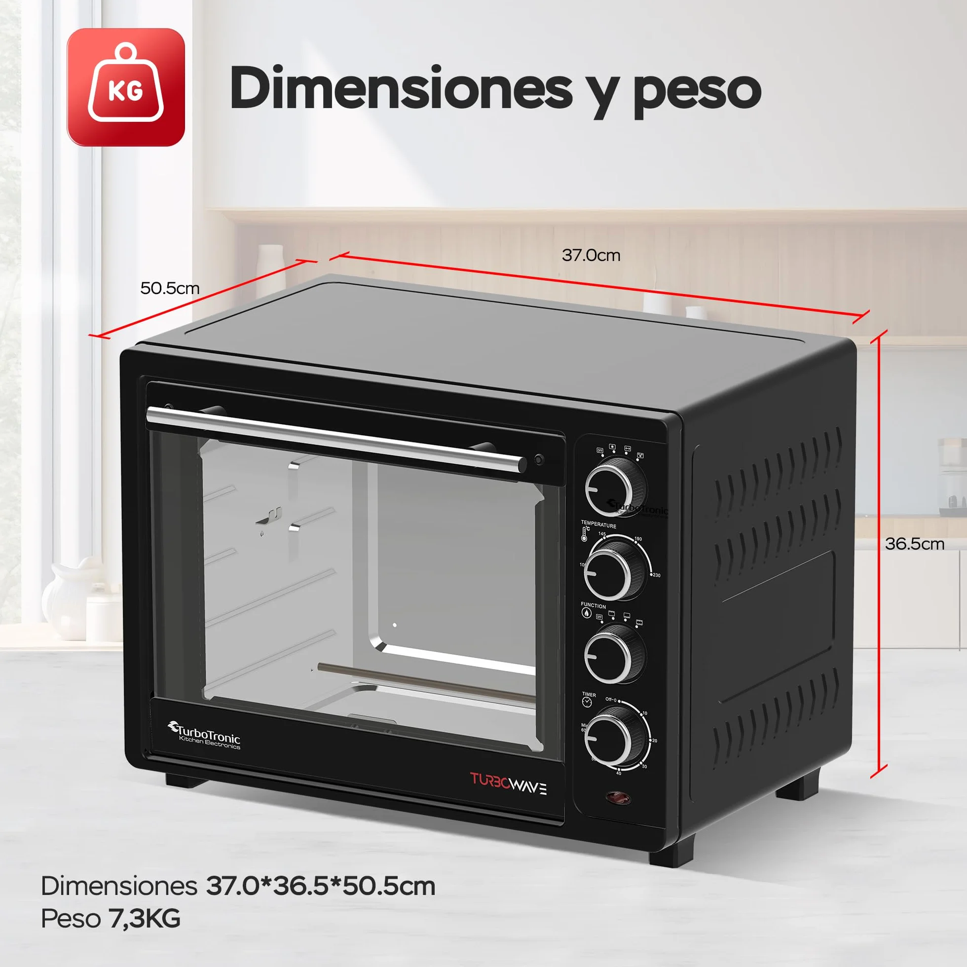 TurboTronic Horno de Convección 35L 1600W con Asador Giratorio, Sobremesa Compacto, 2 Bandejas