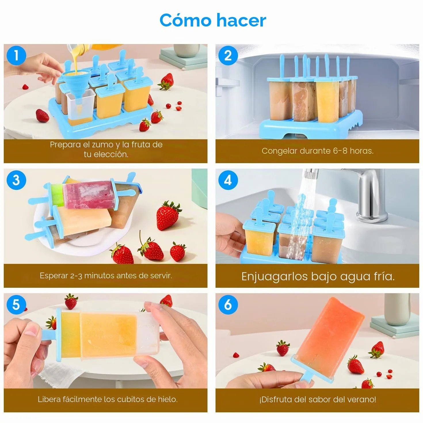 Moldes para Helados 9 Cavidades Reutilizable sin BPA, DIY Molde Helado con Palo, Cepillo y Embudo