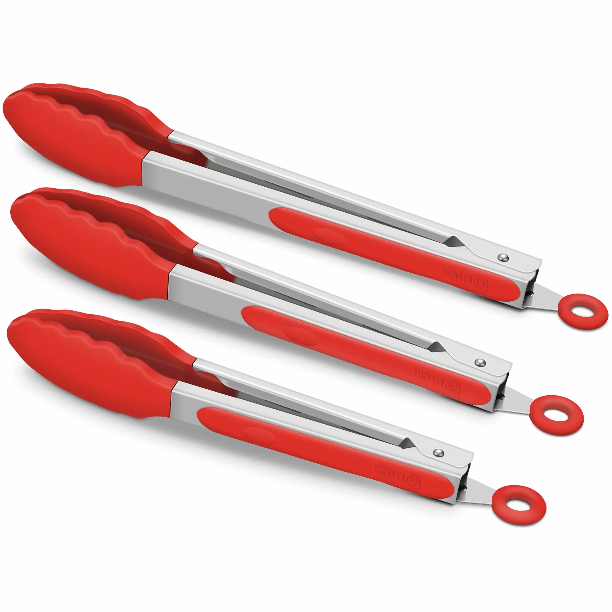 Paquete de 3 pinzas de cocina rojas, silicona premium, sin BPA, antiadherente, de acero inoxidable, para cocinar a la parrilla, pinzas de alimentos, 23,3 cm, 10 cm y 30,5 cm