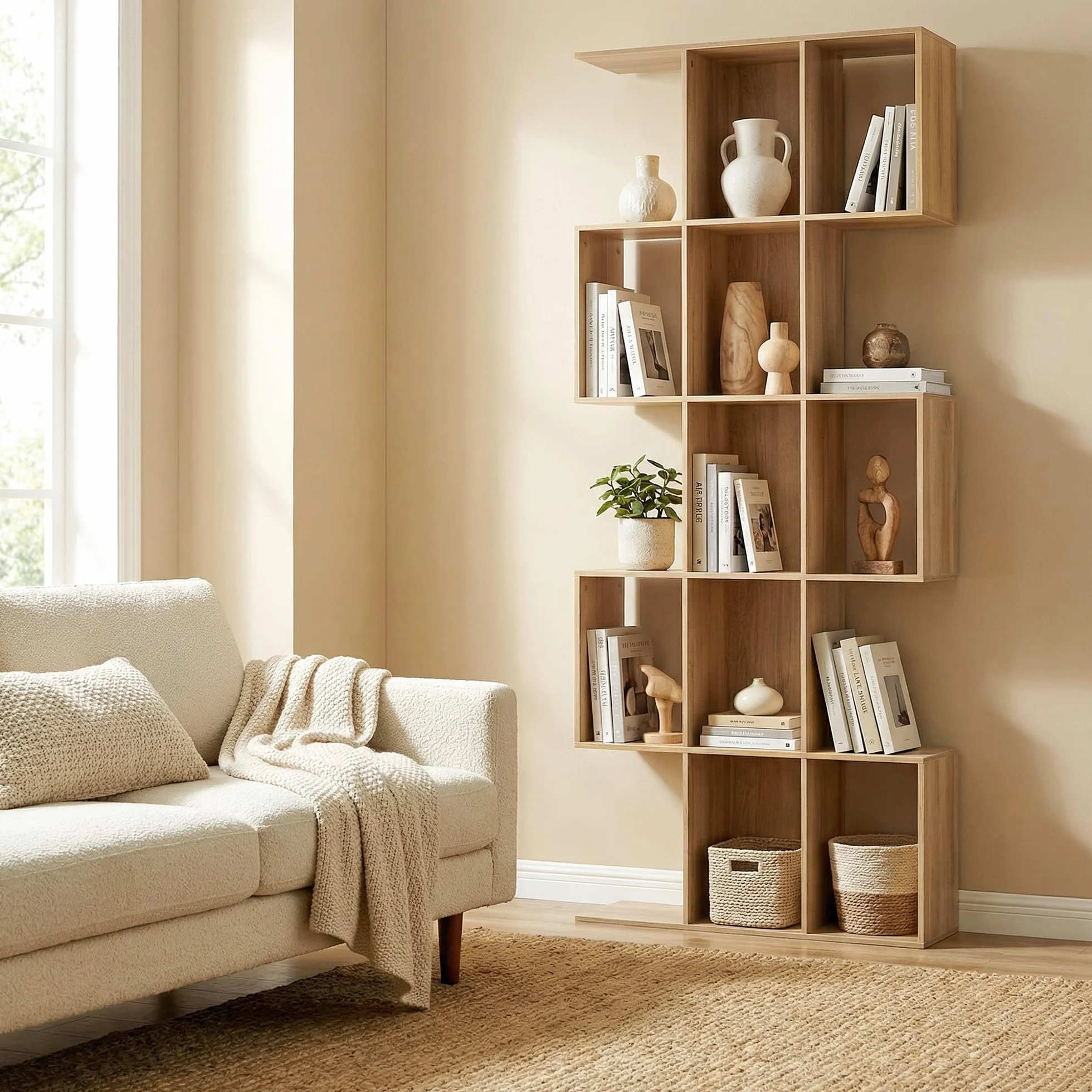 HOMCOM Estantería de 5 Niveles, Biblioteca Estrecha, Librería en Forma de S, para Salón, Dormitorio, Estudio, Oficina, 80x24x200 cm, Roble