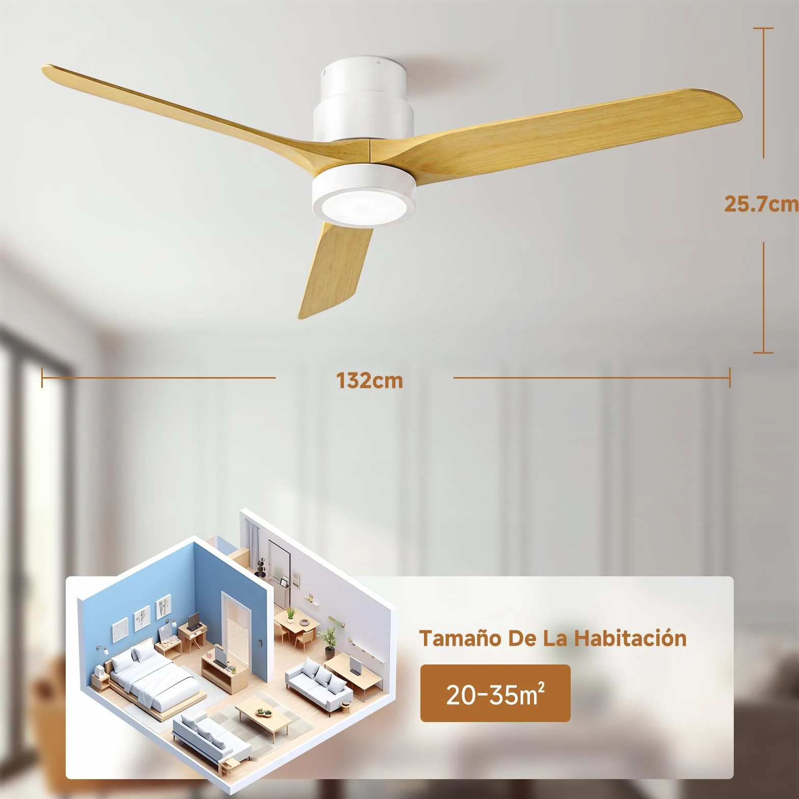 Ateroll Ventilador de Techo con Luz Silencioso, 132cm ABS Ventiladores de Techo con Luz y Mando a Distancia, Velocidades, Temporizador, Función Verano-invierno, para Dormitorio Salón Exterior Terraza