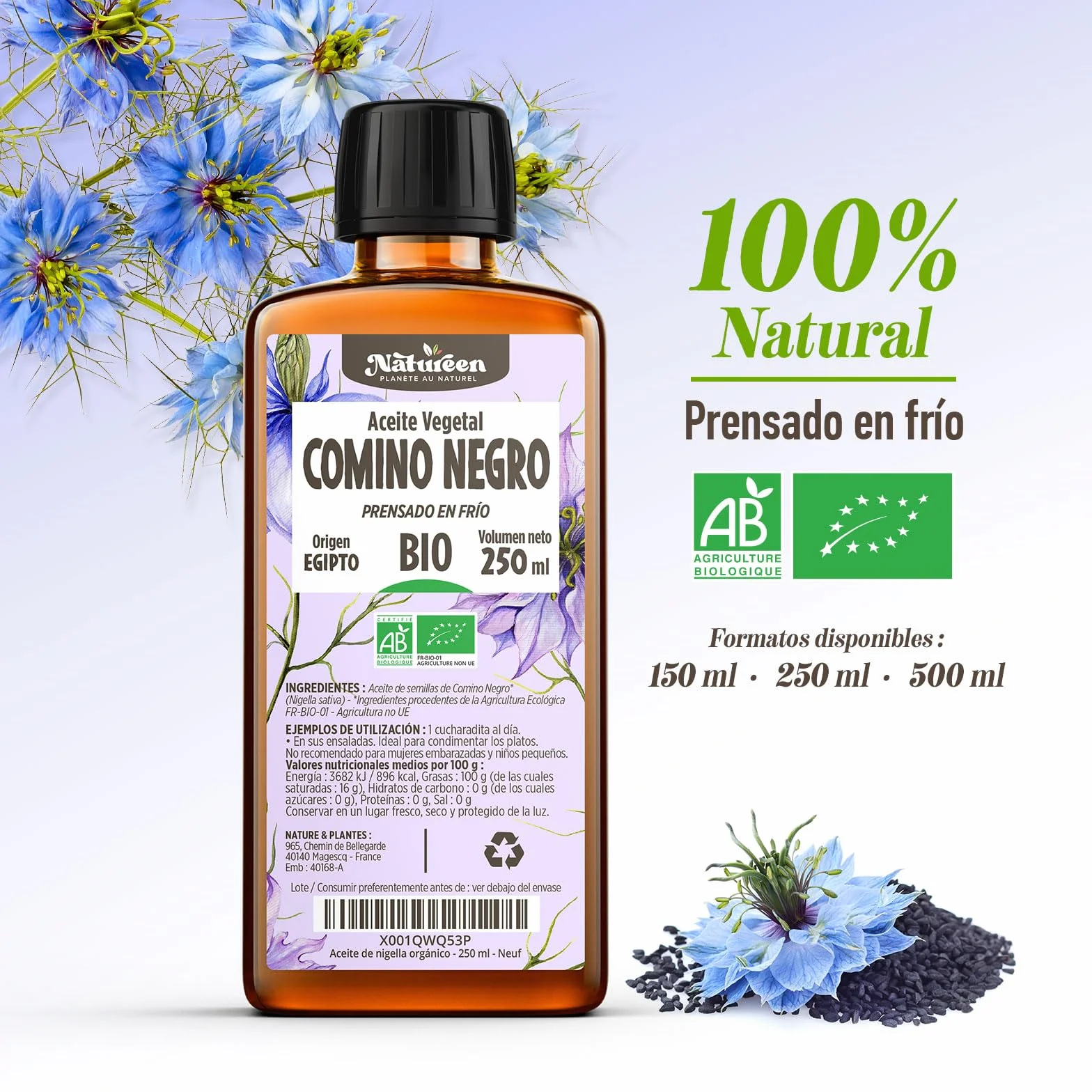Aceite de Comino Negro Orgánico 150 ml - Nigella sativa - Prensado en Frío