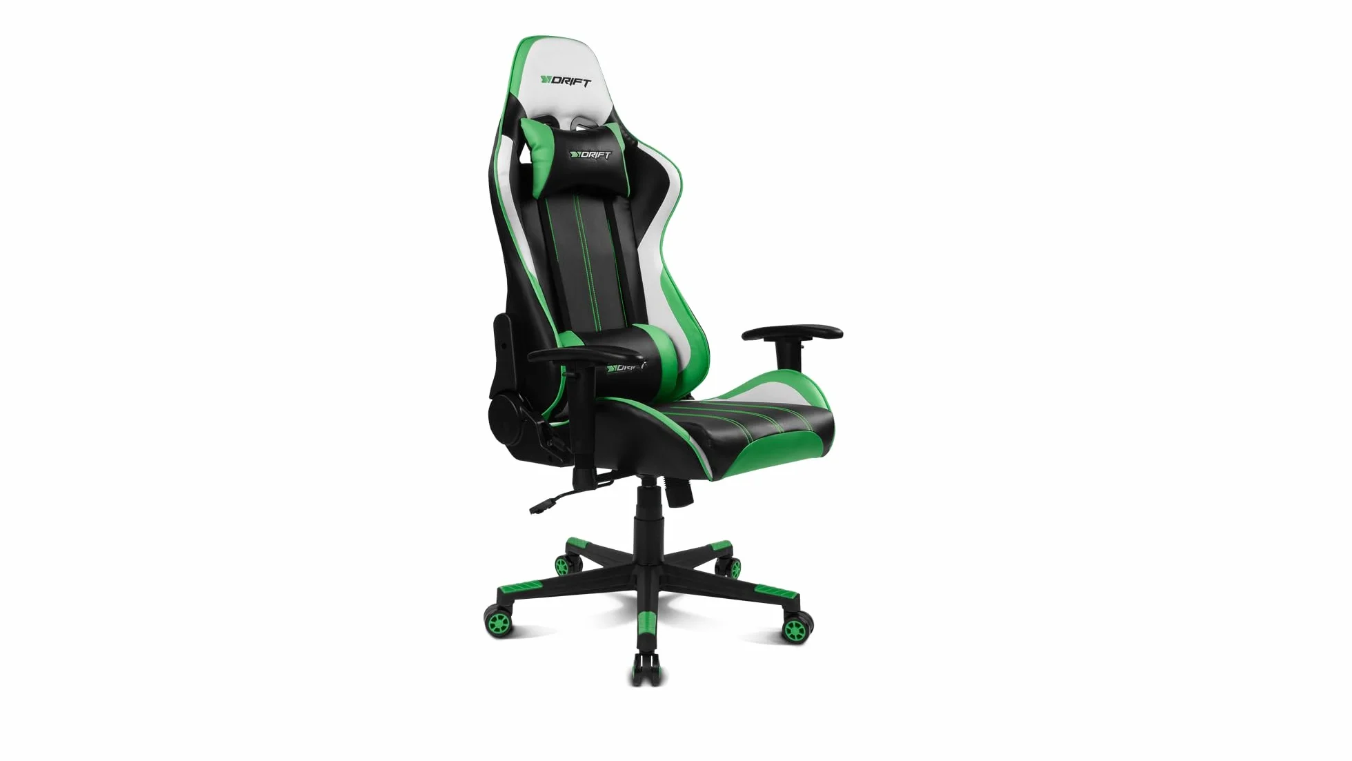 DRIFT GAMING DR175 - Silla Gaming Profesional, polipiel, reposabrazos ajustables 2D, pistón clase 4, giratoria, mecanismo de mariposa, cojín lumbar y cervical, color negro/blanco/verde