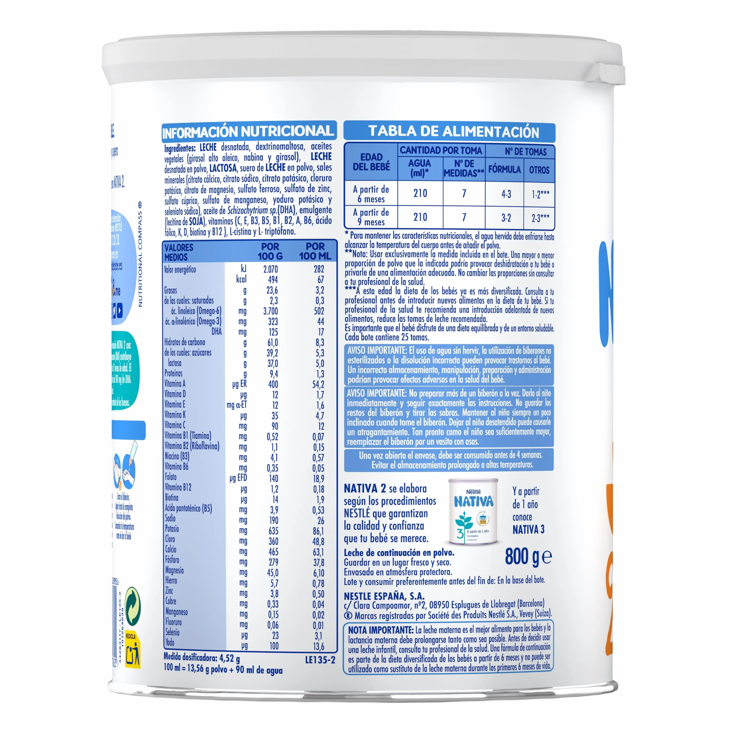 Nestlé NATIVA 2 Leche de Continuación en polvo para bebés 800g
