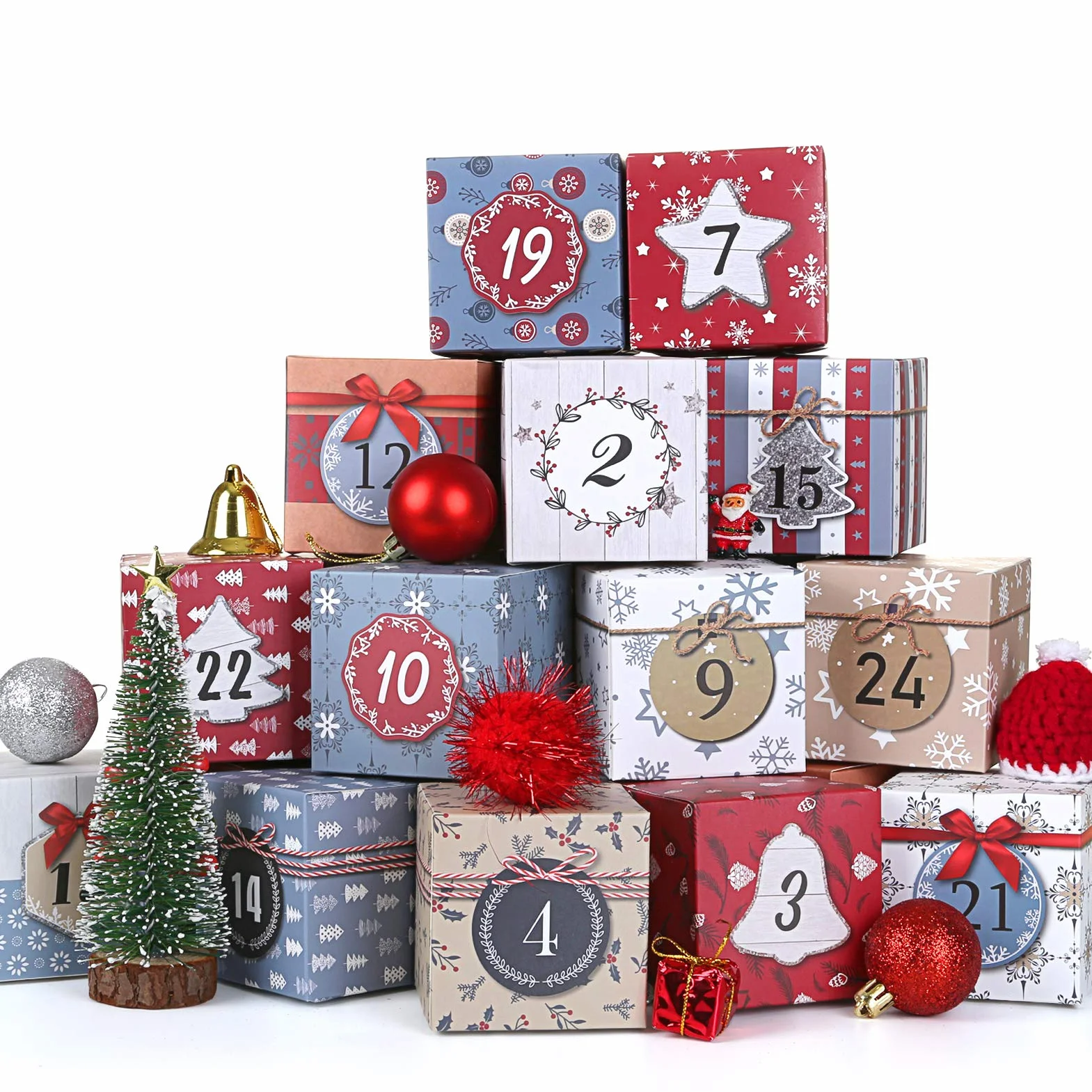 LIHAO Calendario de Adviento 24 Cajas Cuadradas Navidad Caja Regalos Papel Caramelos Dulces Galletas Chocolates DIY