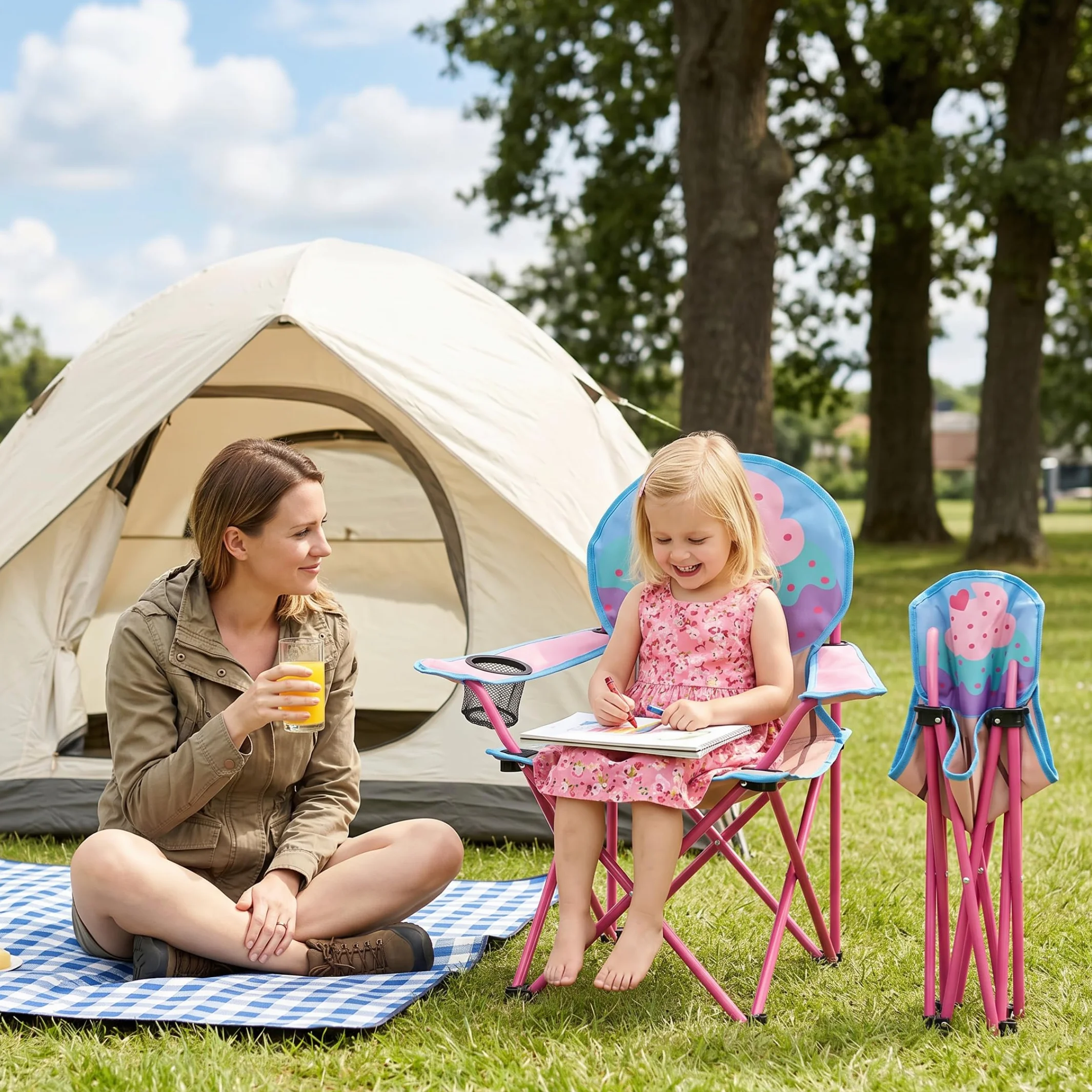 Silla plegable para campamento para niños con portavasos, silla portátil para exteriores para niños pequeños de tela Oxford 600D, patrón de helado de pastel, liviana para playa, senderismo, picn