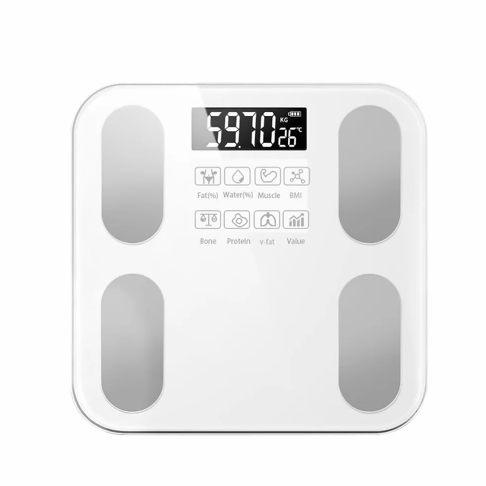 Báscula digital inteligente para peso corporal, báscula de peso, incluyendo IMC, grasa corporal, masa muscular, baterías incluidas (blanco)
