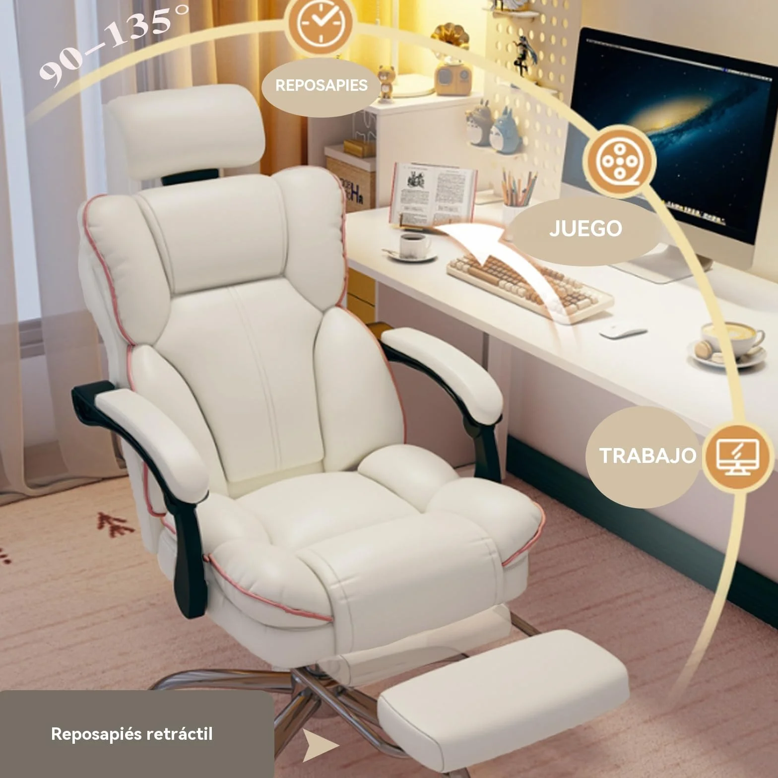 Silla de Oficina con Reposacabezas,Silla Ejecutiva de Respaldo Alto con Reposapiés y Soporte Lumbar Ergonómico,Sillas para Computadora y Videojuegos para Oficina en Casa(Blanco)