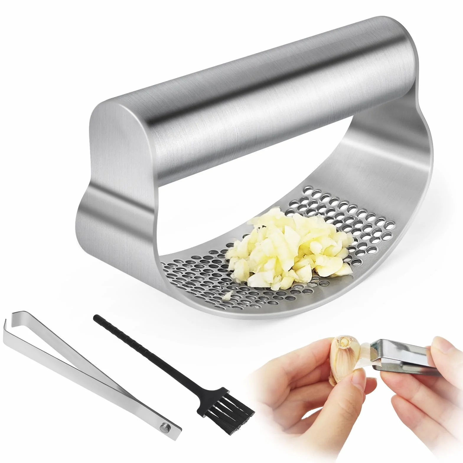 Prensa Ajos Acero Inoxidable Profesional Ergonómico Set Cocina con Pelador y Cepillo Apto Lavavajillas
