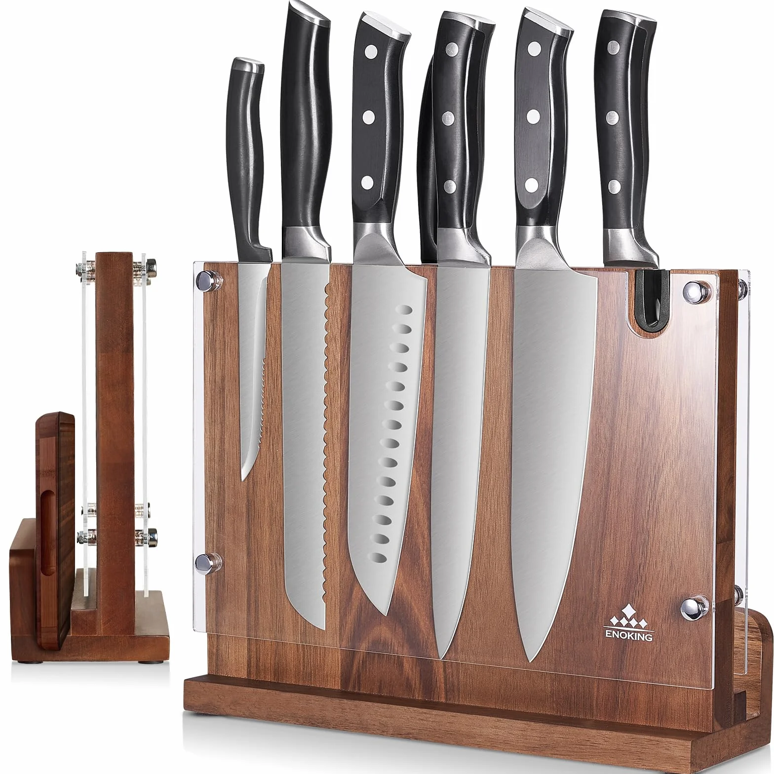 ENOKING Porta Cuchillos Magnético con Afilador, Soporte Doble Lado con Escudo Acrílico, Organizador de Madera de Acacia