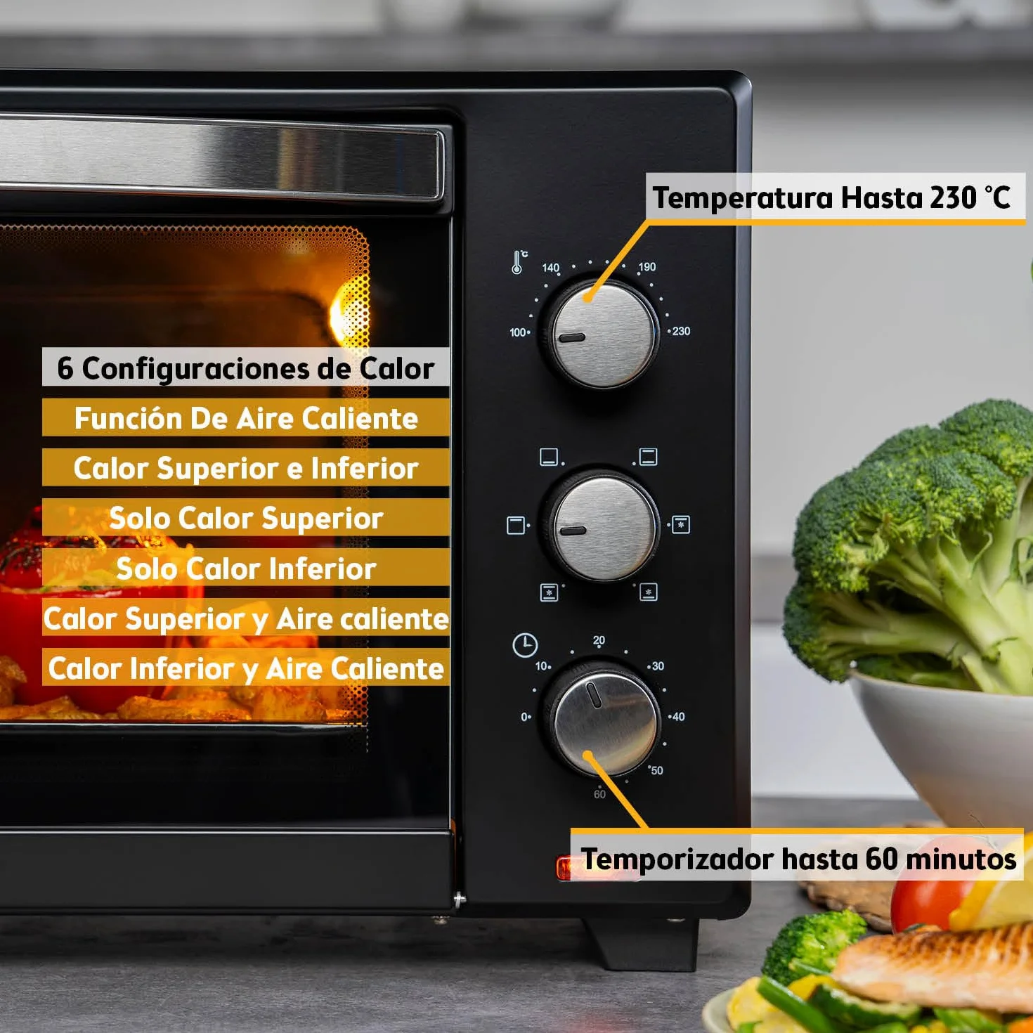 TZS First Austria - Mini Horno 35L 1600W - Minihorno pizza con regulación de temperatura 230°C y revestimiento antiadherente - Con temporizador de 60 min, 3 alturas de inserción, bandeja y parrilla