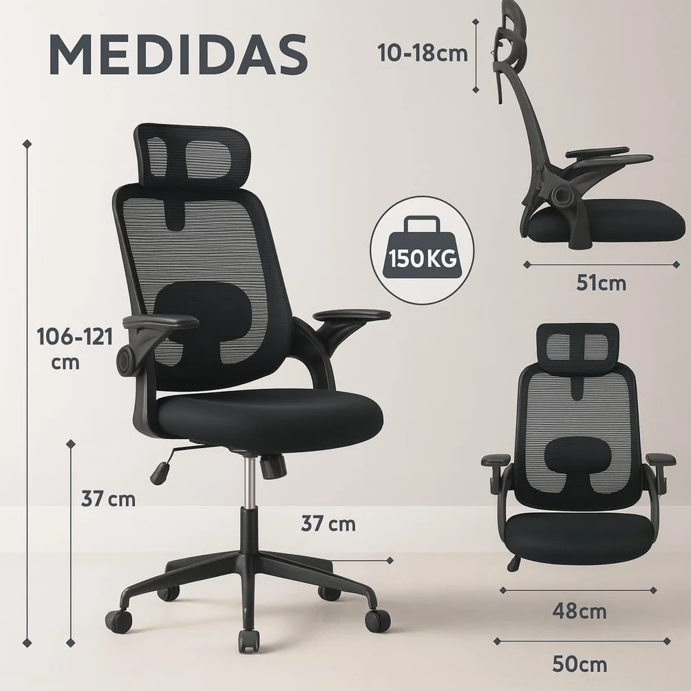 Silla de Oficina Ergonómica con Ruedas, Reposacabezas y Reposabrazos Ajustables, Respaldo de Malla Transpirable, Soporte Lumbar