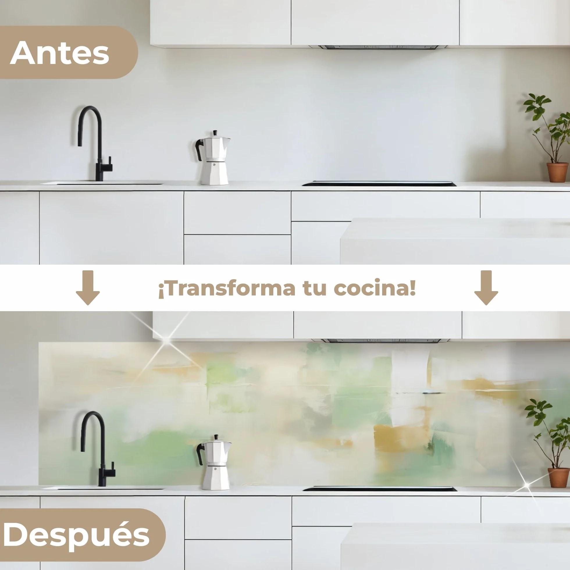 KitchenYeah© Antisalpicaduras Cocina 80x300 cm Adhesivo Salpicadero Protector Salpicaduras Kitchen Abstracto - Arte - Blanco - Verde - Moderno
