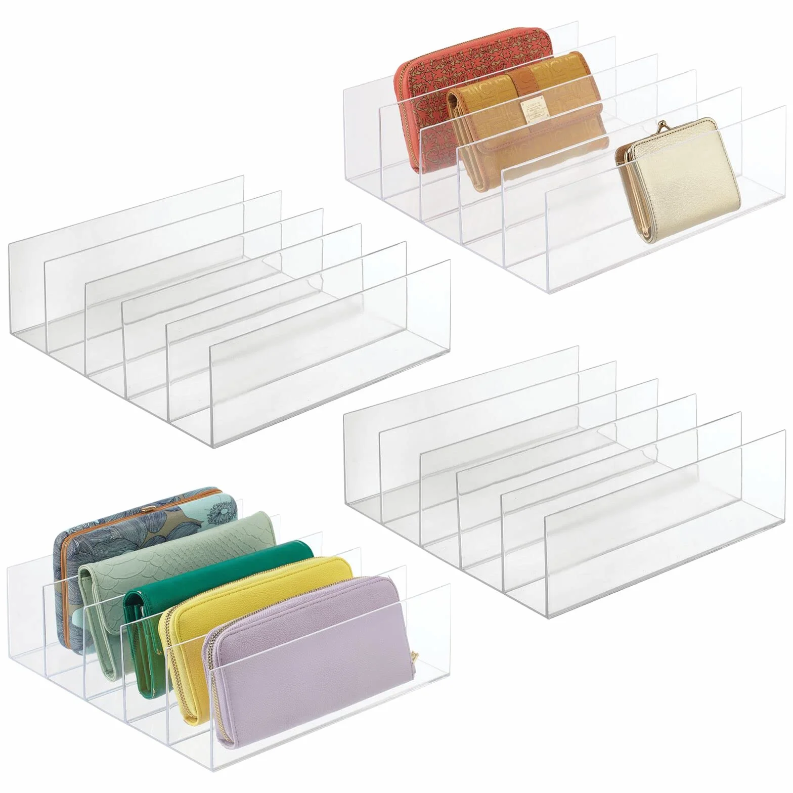 mDesign Expositor de plástico para bolsos de mano – Prácticos soportes para carteras, monederos, billeteros, etc. – Organizador de bolsos con 5 compartimentos – Juego de 4 – azul transparente