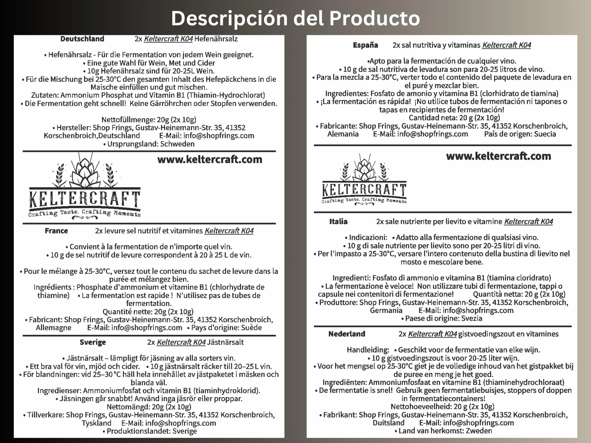 Sal nutritiva para levadura Keltercraft K04 20g para 50l vino hidromiel sidra fermentación DAP vitaminas