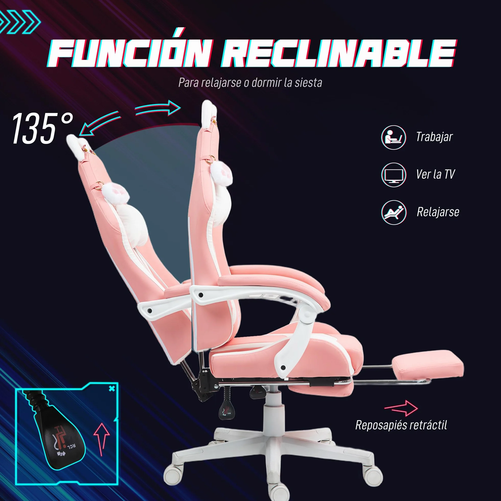 HOMCOM Silla Gaming con Orejas Silla Gamer Reclinable 135° con Altura Ajustable Reposapiés Retráctil Soporte Lumbar Giratorio 360° y Reposacabezas Desmontable Silla para Oficina Estudio Rosa