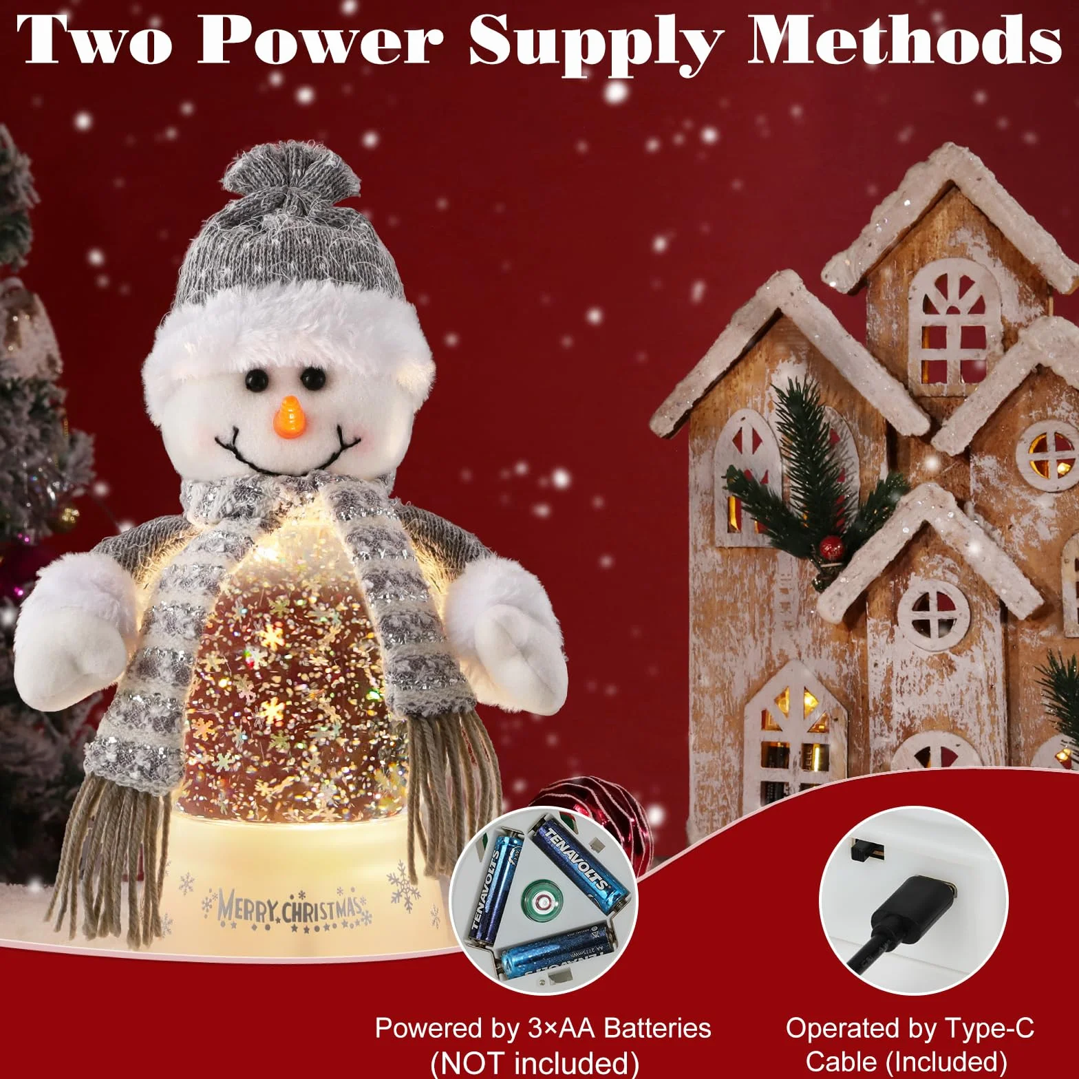 Lewondr Globo de Cristal Nieve Navideño, Hombre de Nieve con Bufanda Gris, Spinning Glow y 8 Canciones, Caja Musical Árbol Navidad, Alimentado por la Batería Lámpara de Navidad