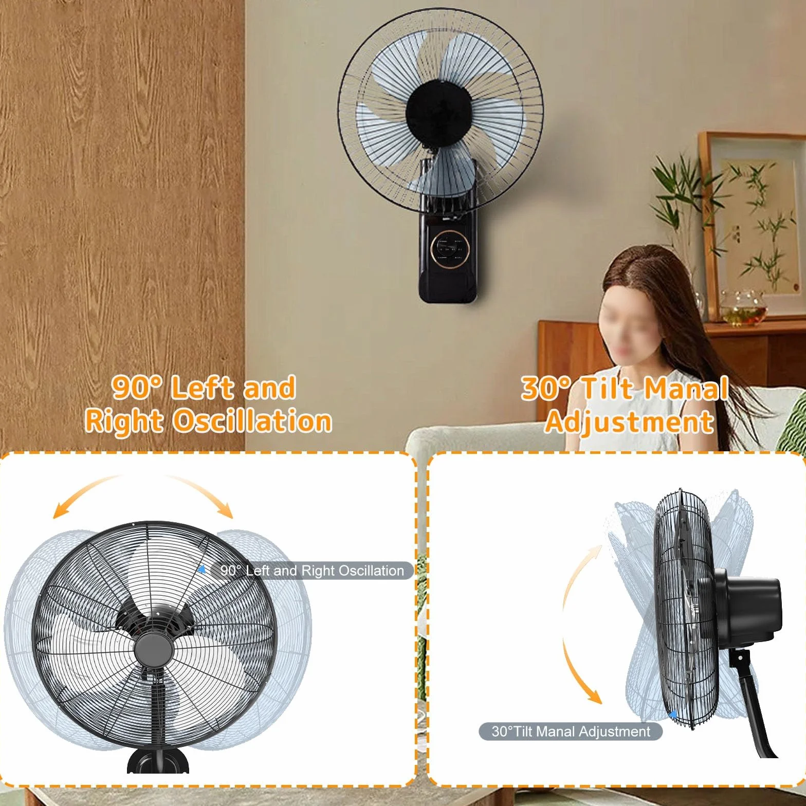 Ventilador Solar De Pared Con Mando A Distancia, 3 Velocidades Silencioso Oscilante, Temporizador E Inclinación Ajustable, Para Interior Y Exterior, Placa Solar O Enchufe