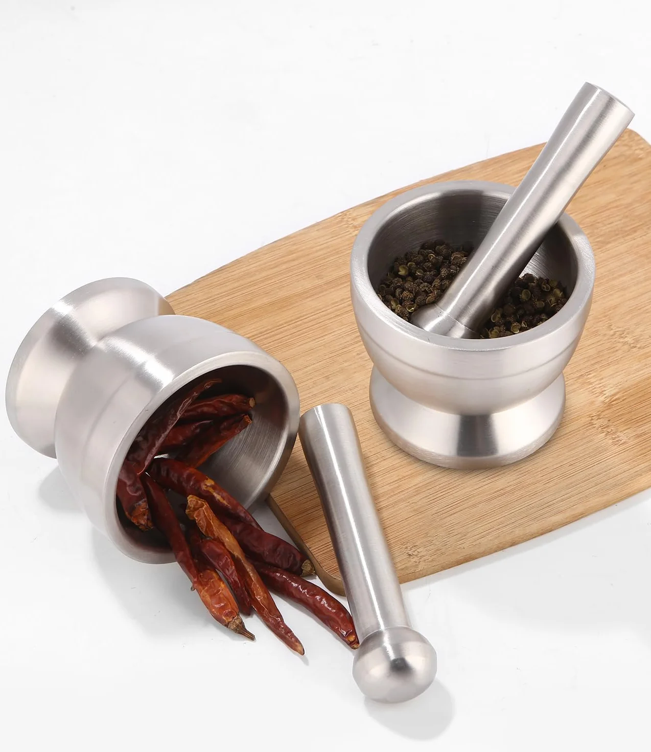 Mortero de Cocina de Acero Inoxidable Con Cuchara y Tapa de Silicona - Molinillo de Especias de Primera Calidad, Trituradora y Tazón de Hierbas - Perfecto Para Moler, Mezclar y Almacenar