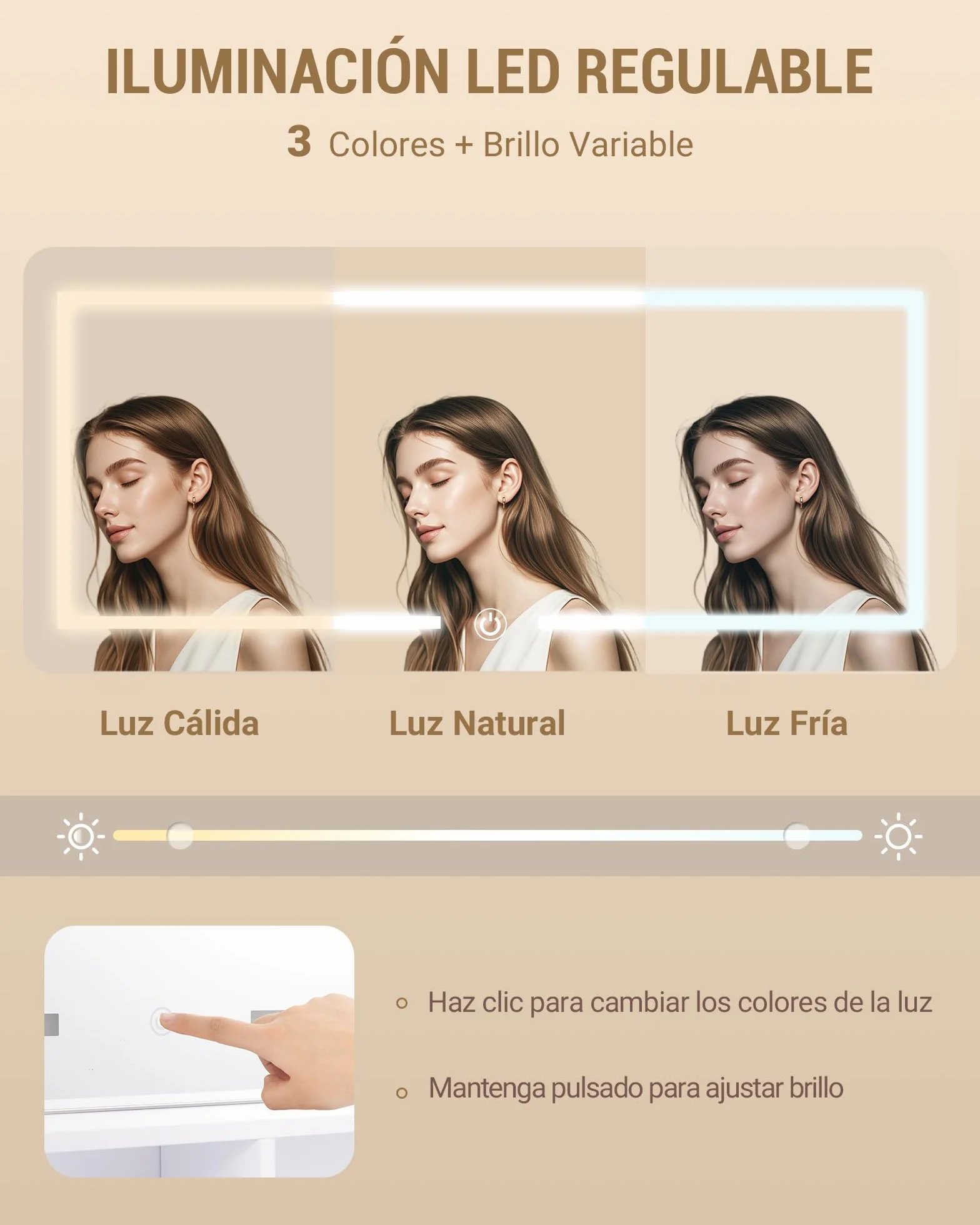 Tocador de Maquillaje Grande 140 cm con Espejo HD, Tira de Luz RGB, 10 Cajones, Blanco