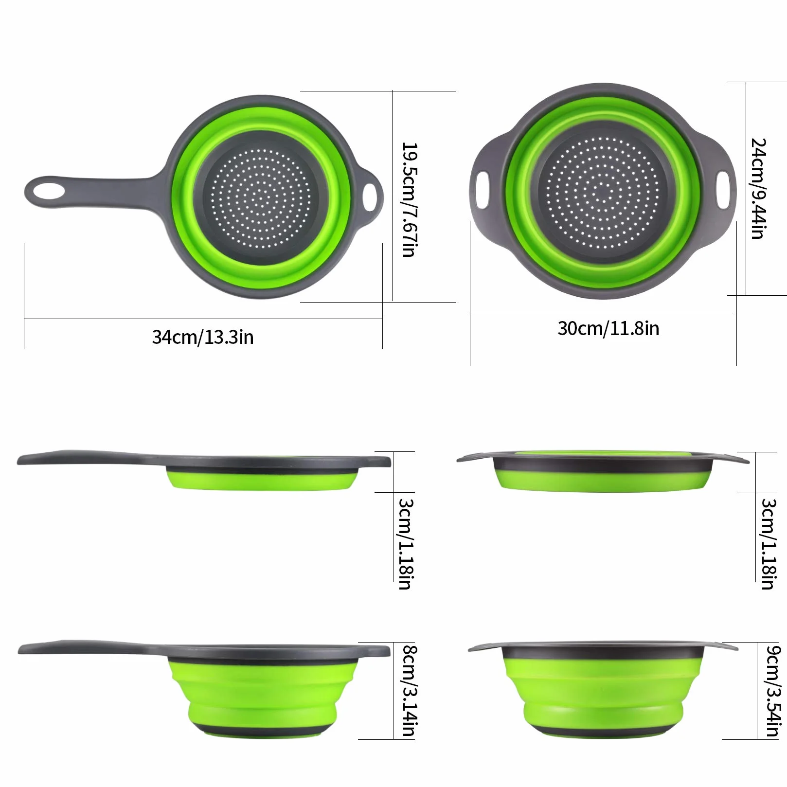 Colador Plegable Silicona con Asa, Cesta de Drenaje para Frutas y Verduras, Colador de Cocina - Verde, 2 Piezas