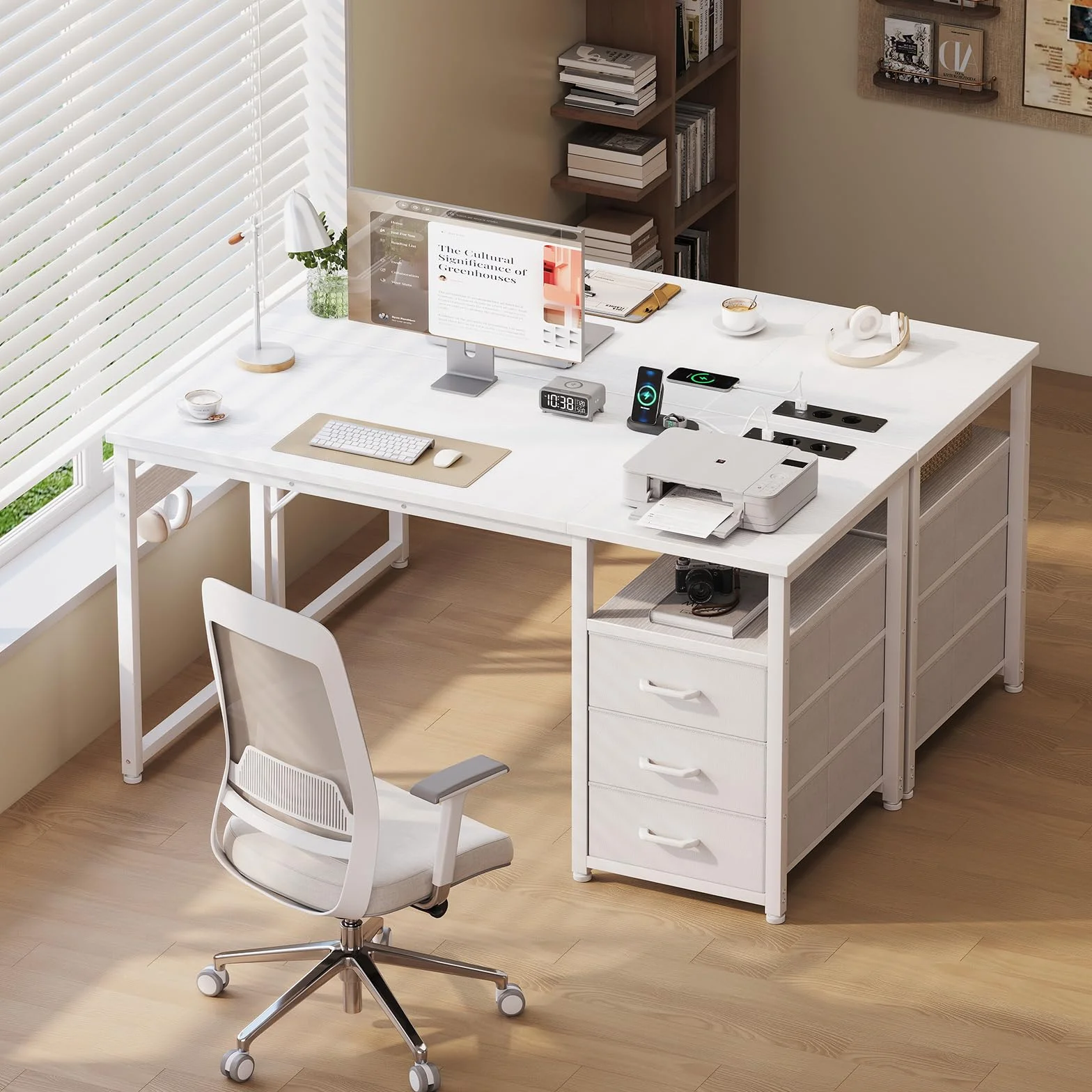 ODK Escritorio con 3 Cajones de Tela, 100x48cm Mesa de Ordenador con Estantes Escritorio Oficina con Puerto y Toma de Carga USB para Oficina, Salón, Hogar, Blanco