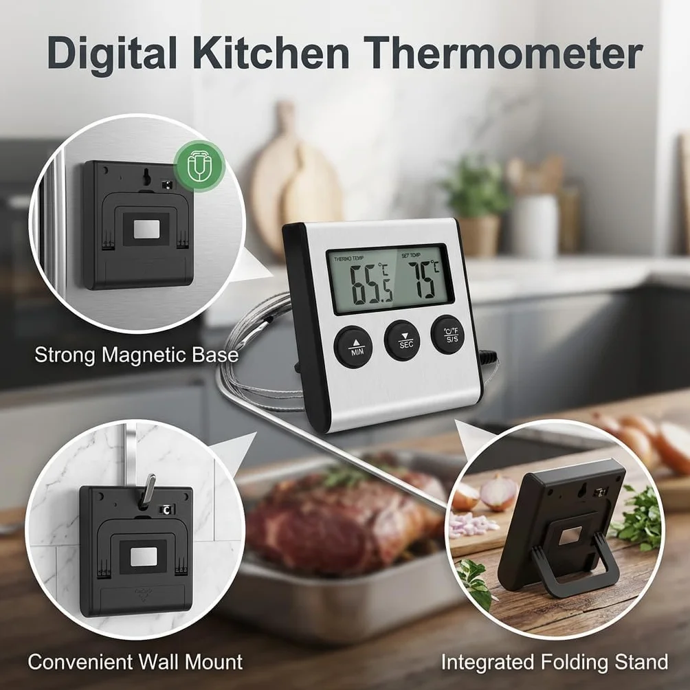 Termómetro Cocina con Sonda, Temporizador integrado, Termometro Horno Digital para Cuisine, Comida, Barbacoa, Liquidos y Aceite, Doméstico Termómetro Carne con Gran Pantalla LCD & Alarma