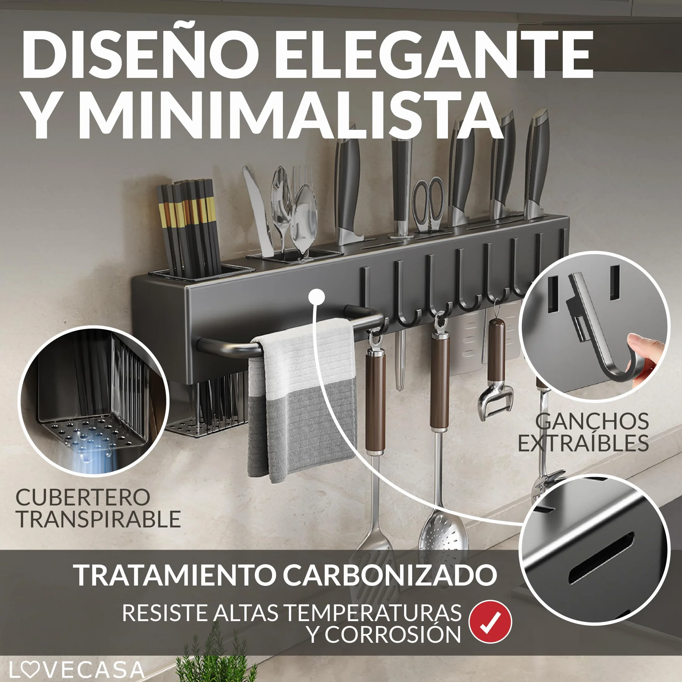 Organizador de cocina - cuchillero de pared - soporte para utensilios de cocina con ganchos y portacubiertos - organizador multifuncional ahorra espacio