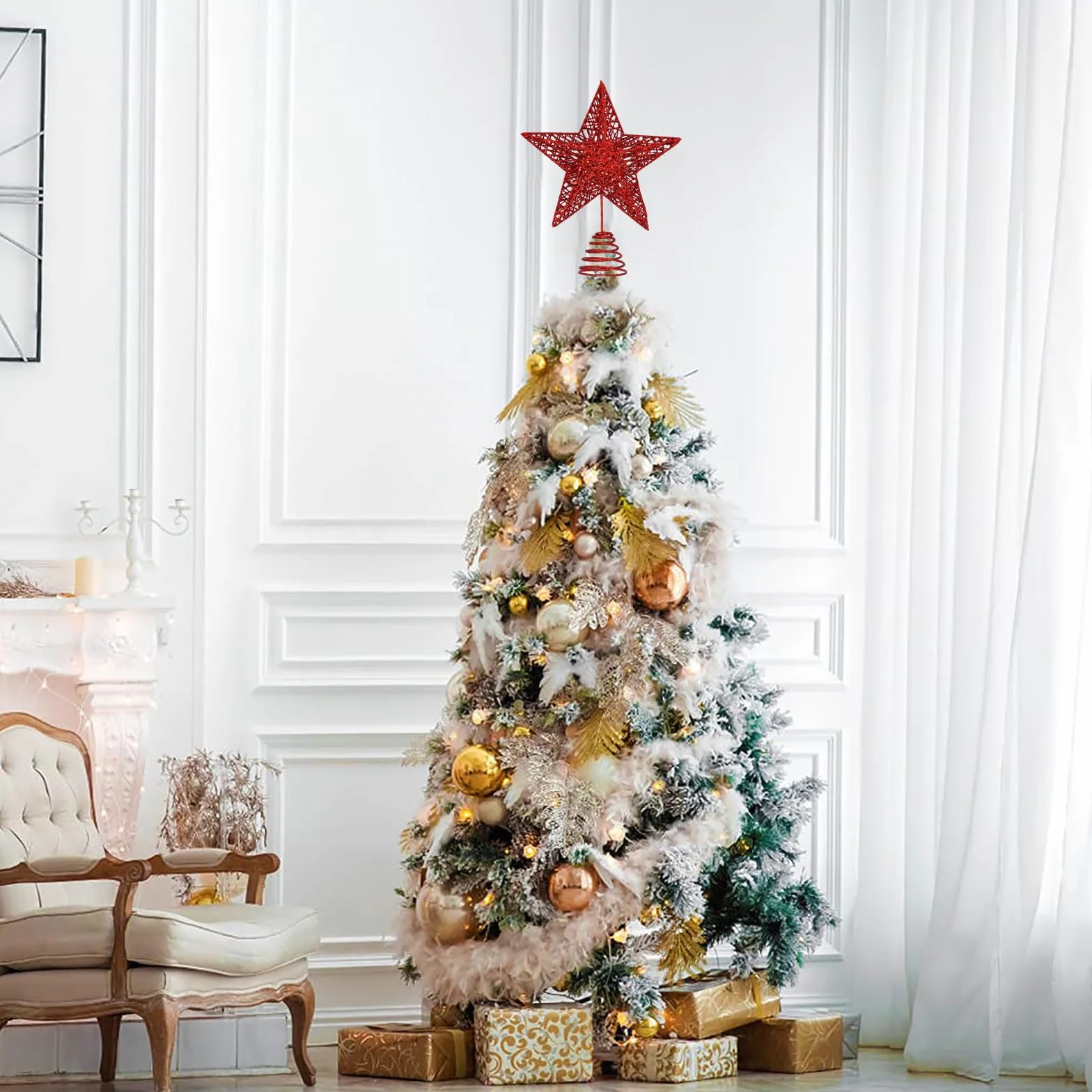 Decoración de metal rojo para árbol de Navidad con purpurina para árbol de Navidad, decoración del hogar
