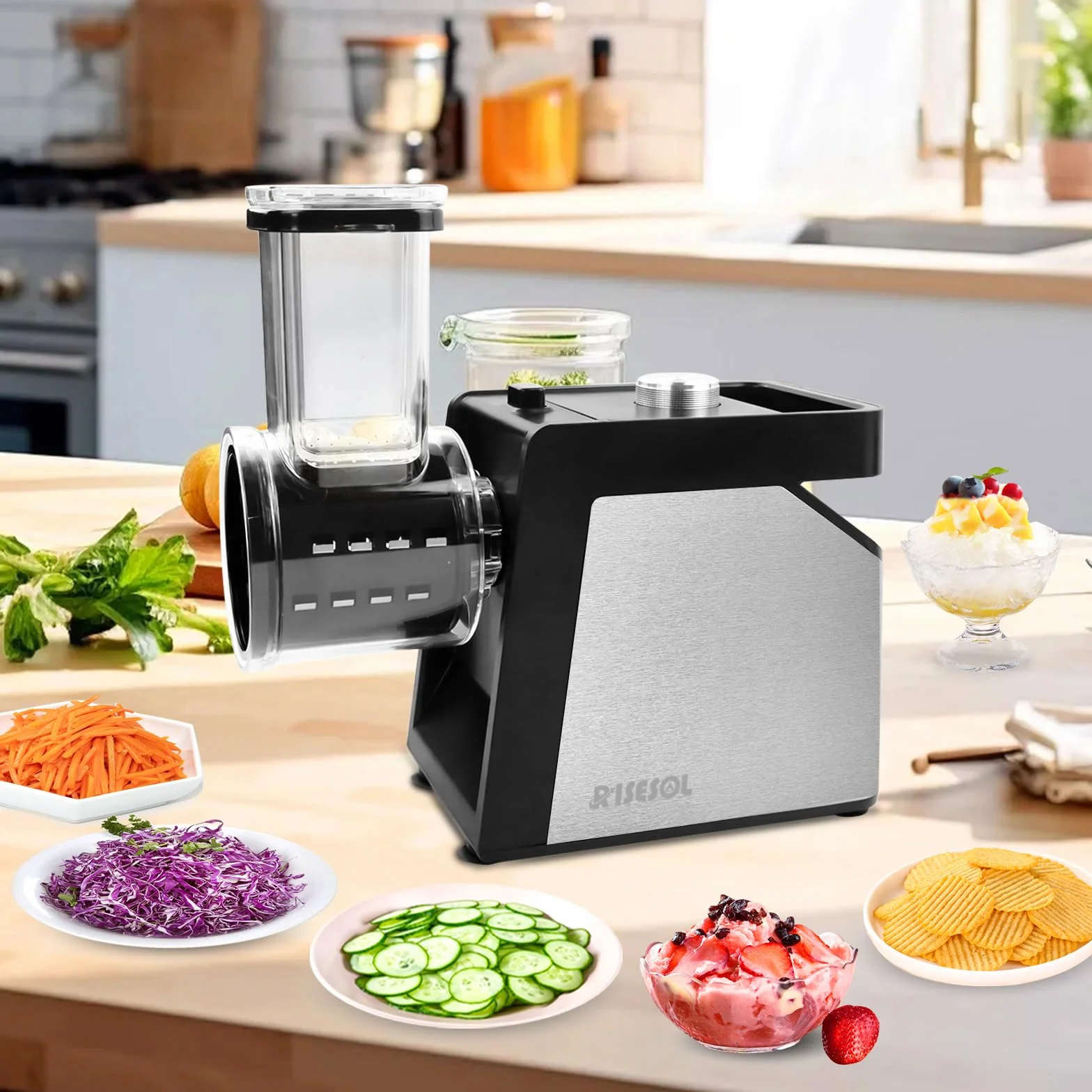 Cortador de Verduras Eléctrico 7 en 1 250W Acero Inoxidable Mandolina Multifuncional 220V Enchufe UE