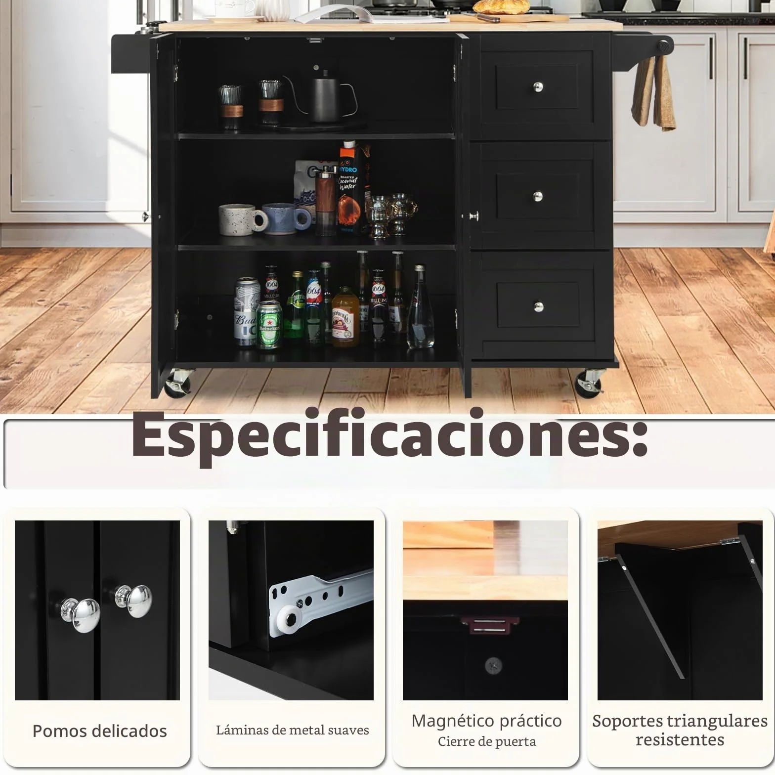 KOMFOTTEU Carro de Cocina con Encimera Plegable, Isla de Cocina con Ruedas, Carro de Servicio con Armario con Puertas y 3 Cajones, Mueble de Almacenamiento con Estantes Ajustables (Negro)