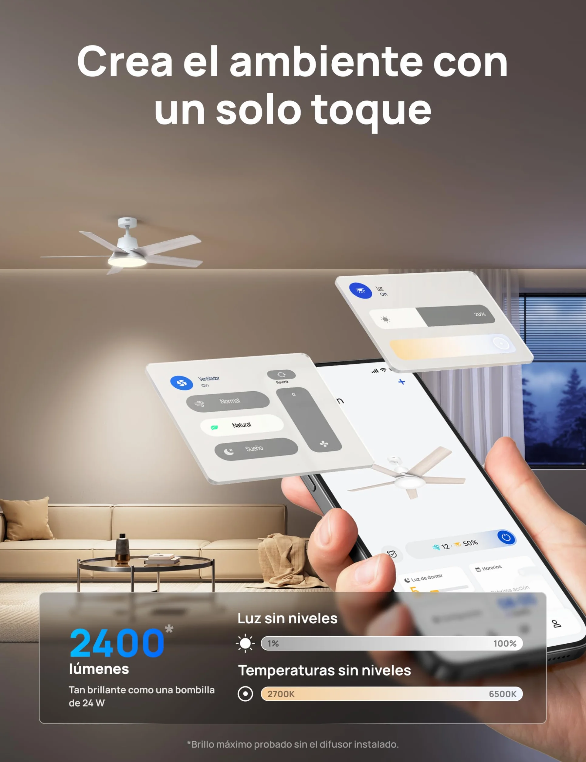Dreo ventilador techo inteligente de 132 cm con luz LED regulable, 12 velocidades, 3 modos, temporizador de 12h, motor DC silencioso, control por control remoto/APP/Alexa, blanco para interiores