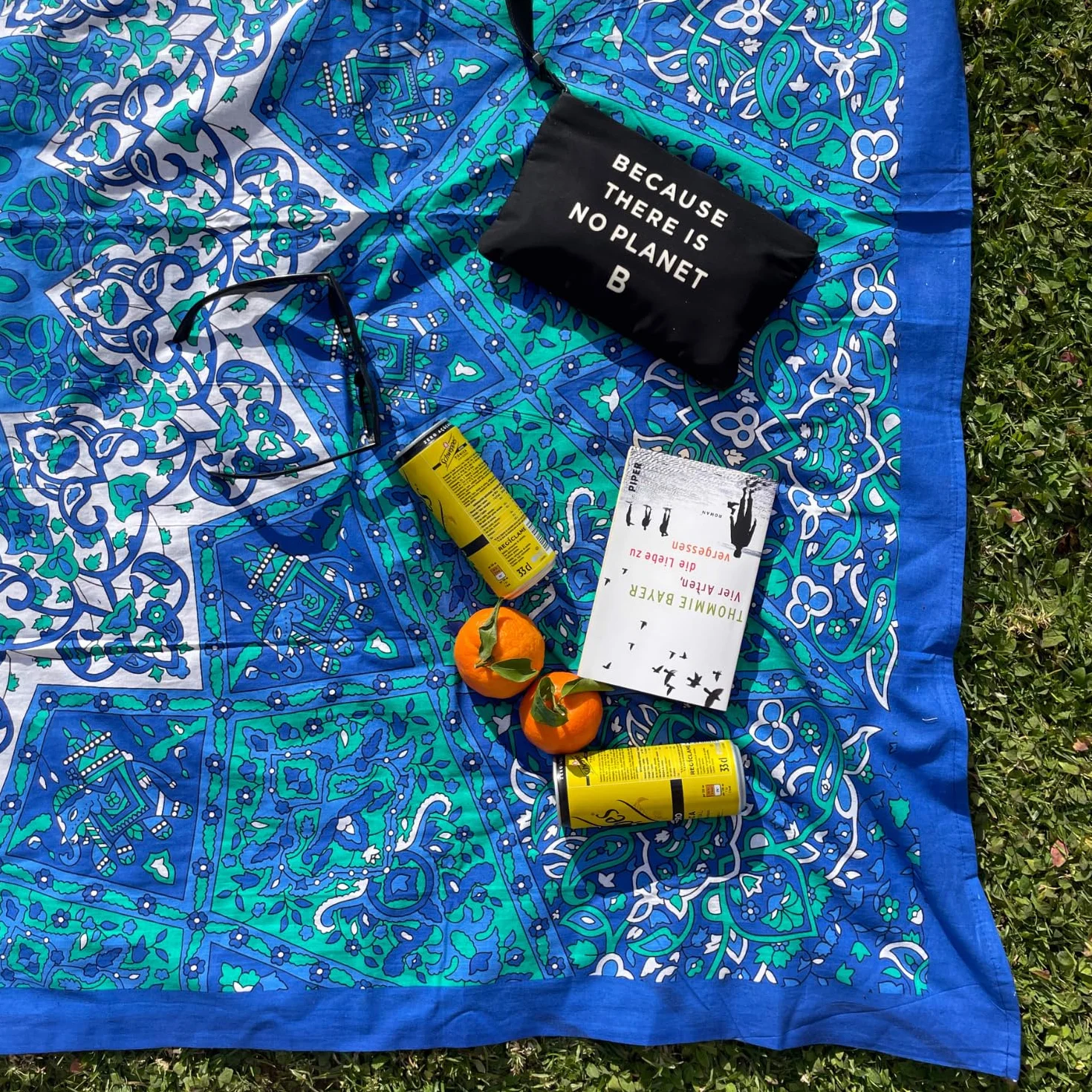 MOMOMUS Manta de Pícnic para la Playa - Fina, Antiarena, XXL - Alfombra, Esterilla o Manta de Playa Grande - Ideal para Pícnics, Campings y Excursiones - Azul, 210x230 cm