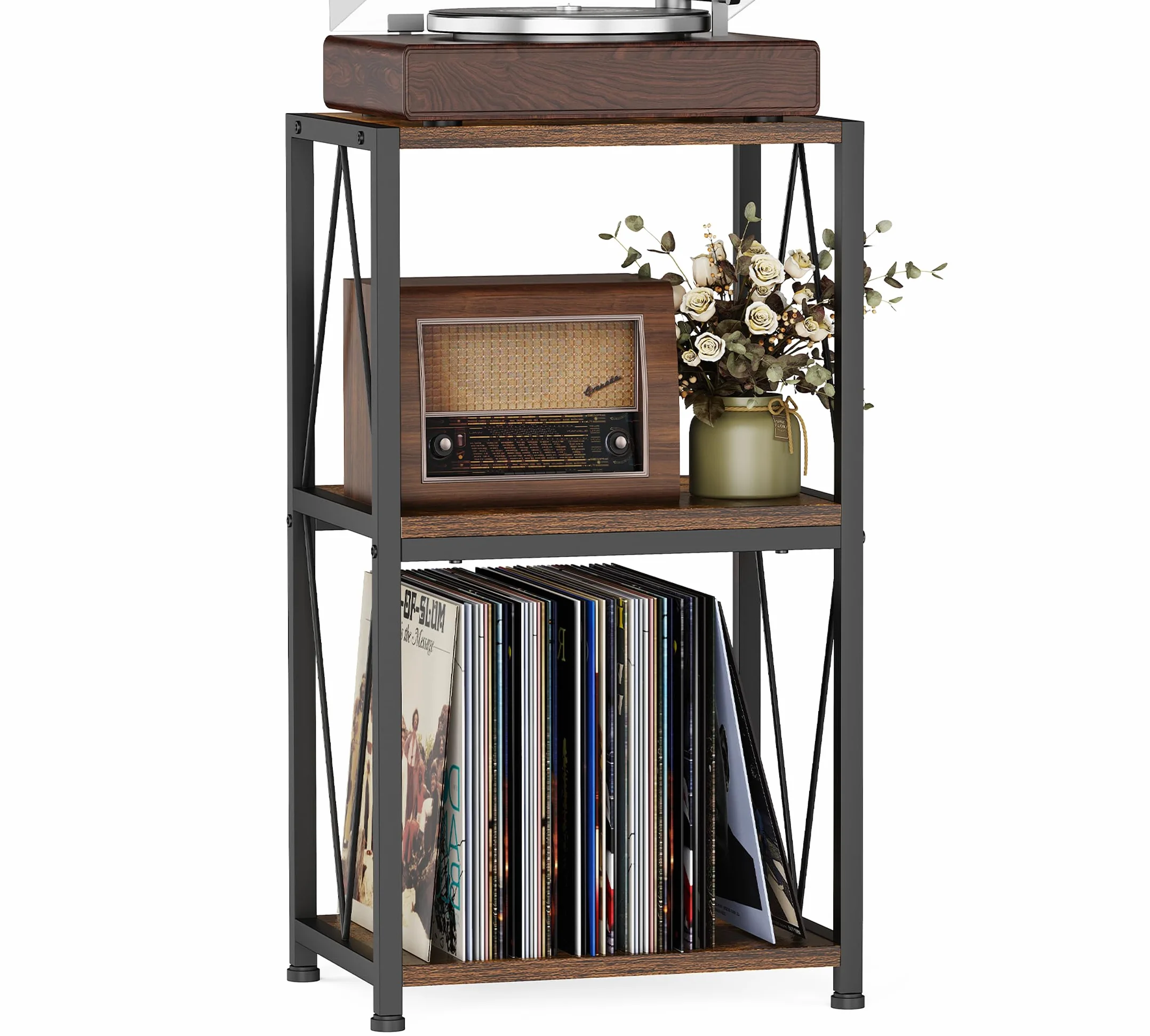HFHOME Soporte para tocadiscos de 3 niveles con almacenamiento de vinilo