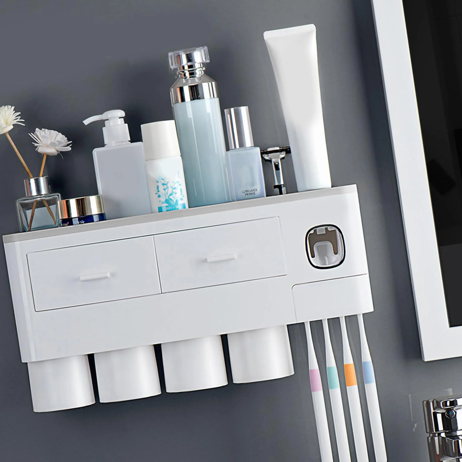 Cocoarm Estante de Almacenamiento para Cepillos de Dientes, Soporte de Pared para Cepillos de Dientes de PP ABS con Exprimidor Automático de Pasta de, Vasos Magnéticos Invertidos, Organizador de (4