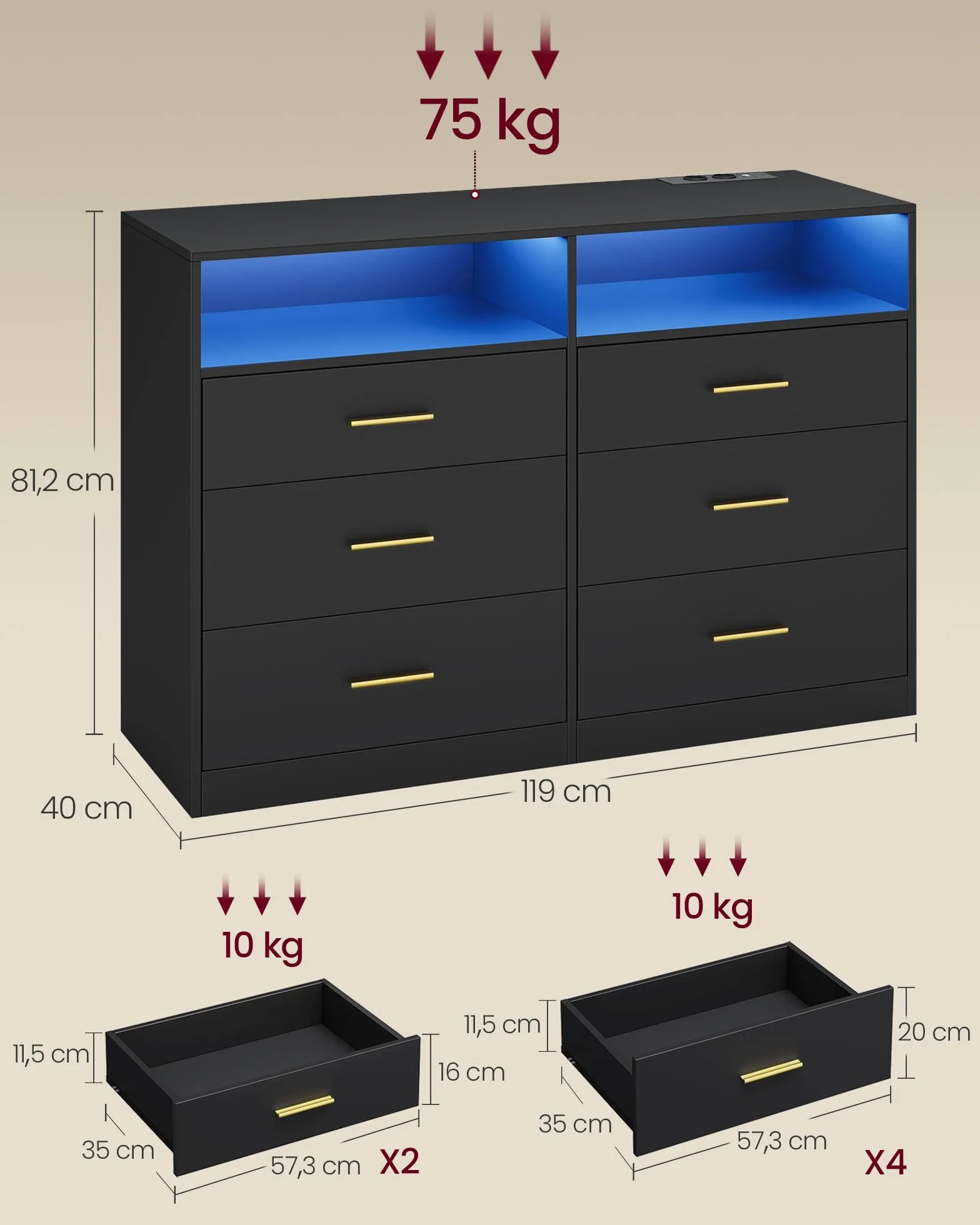 VASAGLE Custos Colección - Cómoda para Dormitorio, con LED y Regleta de Enchufes, Mueble Moderno para TV de Salón, 6 Cajones, 40 x 119 x 81,2 cm, Negro Tinta LTS316BC01
