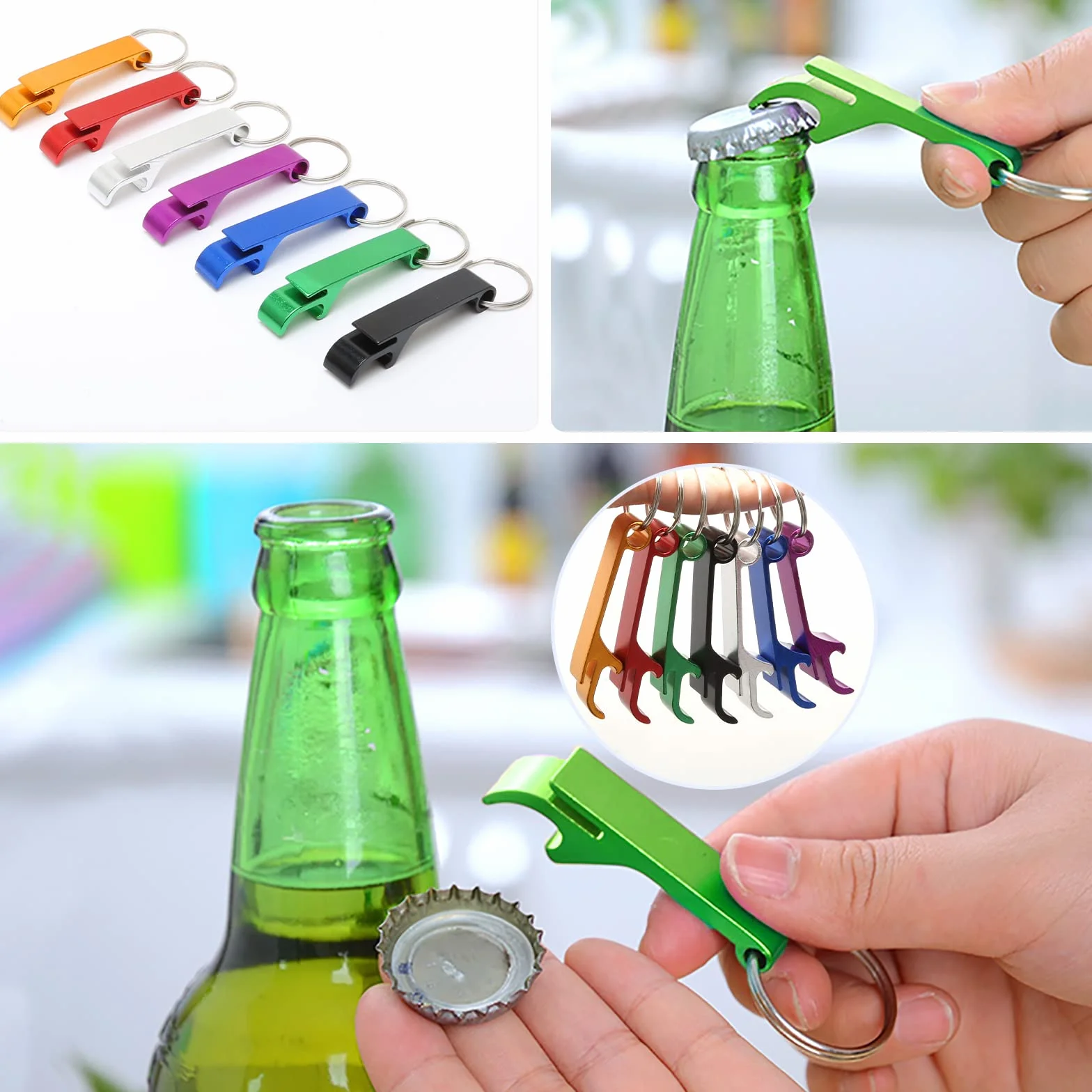 Pack de 35 llaveros abrebotellas de aluminio, abridor de cerveza con anilla, 7 colores