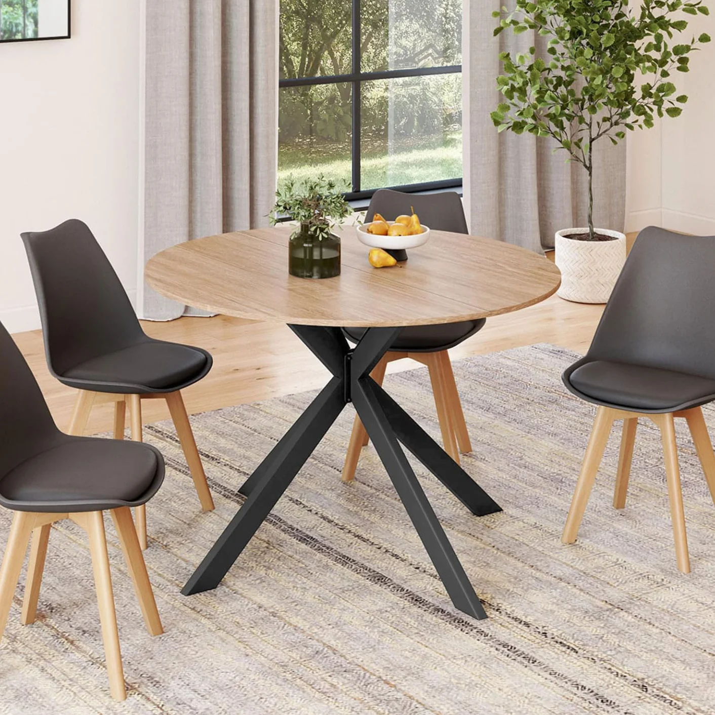 IDMarket Alix - Mesa de comedor extensible redonda 4-8 personas, patas de araña madera y negro, 110-150 cm